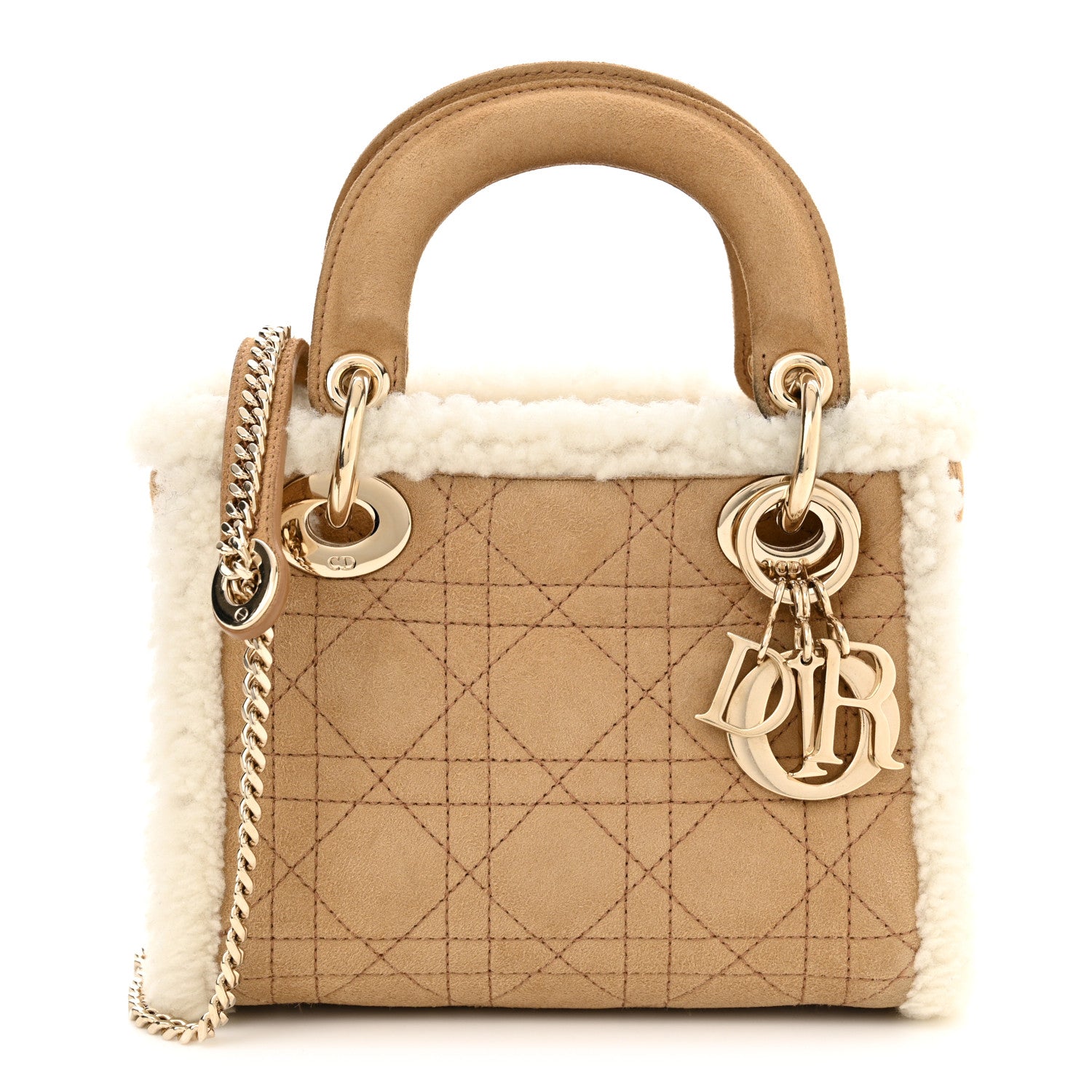 Christian Dior Suede Shearling Cannage Mini Lady Dior Camel