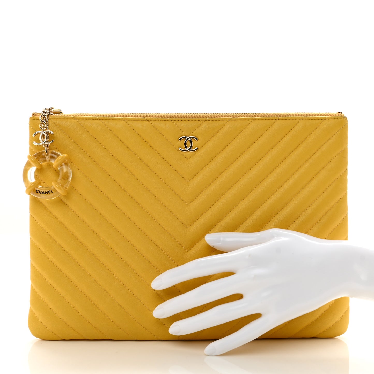Lambskin Chevron Quilted Charms Medium Cosmetic Case Yellow