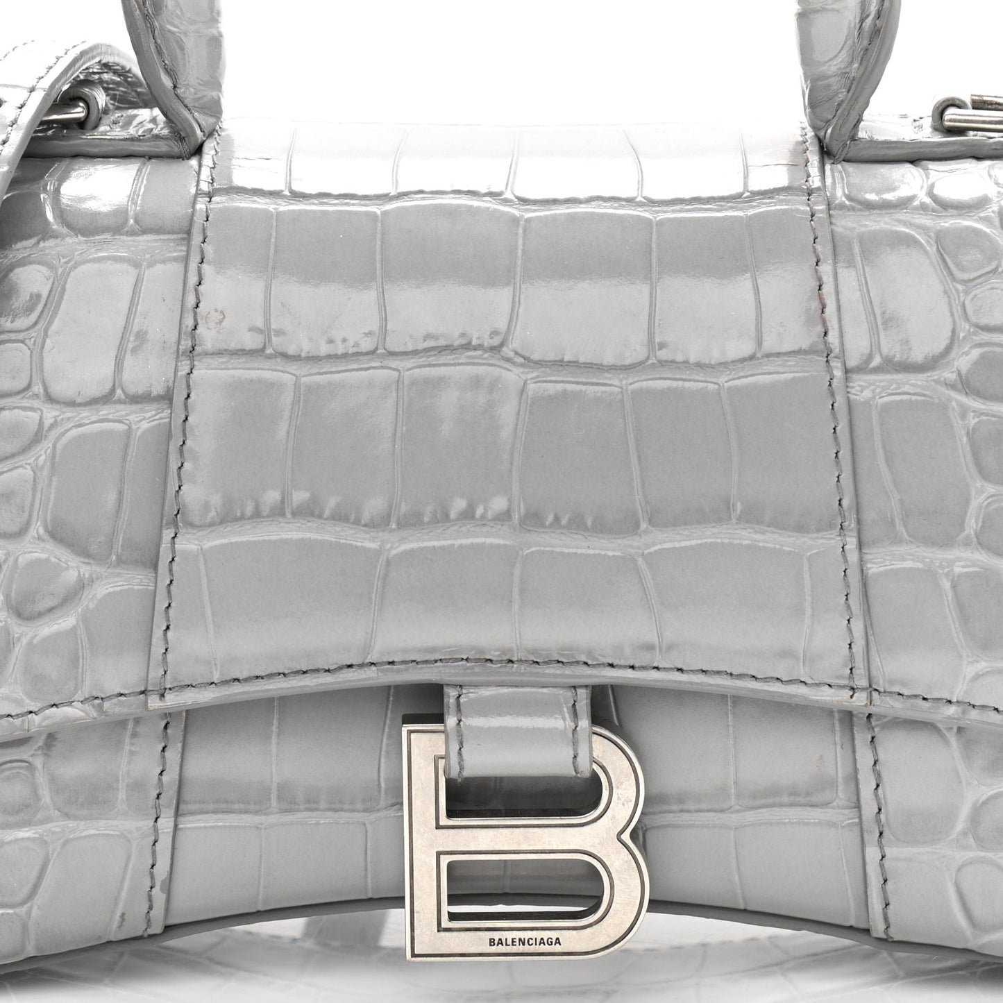 Shiny Calfskin Crocodile Embossed Hourglass Top Handle Bag XS Balenciaga Grey
