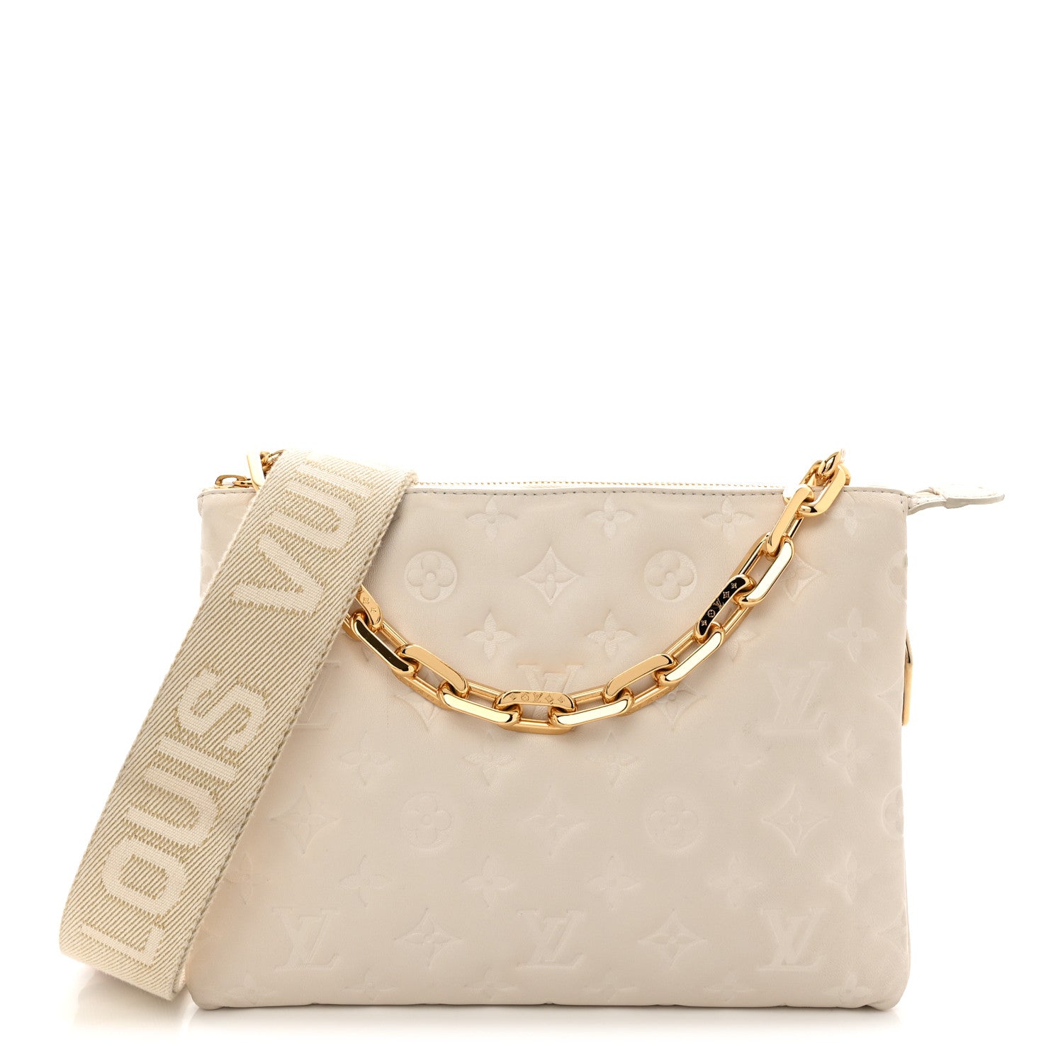 Louis Vuitton エンボス クッション クリーム色 Louis Vuitton Lambskin Embossed Monogram Coussin PM Beige Cream