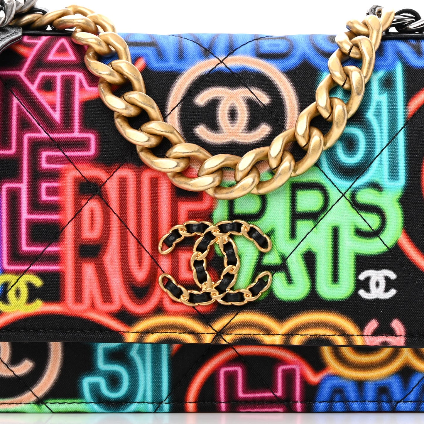 Fabric Printed Chanel 19 Wallet On Chain WOC Black Multicolor