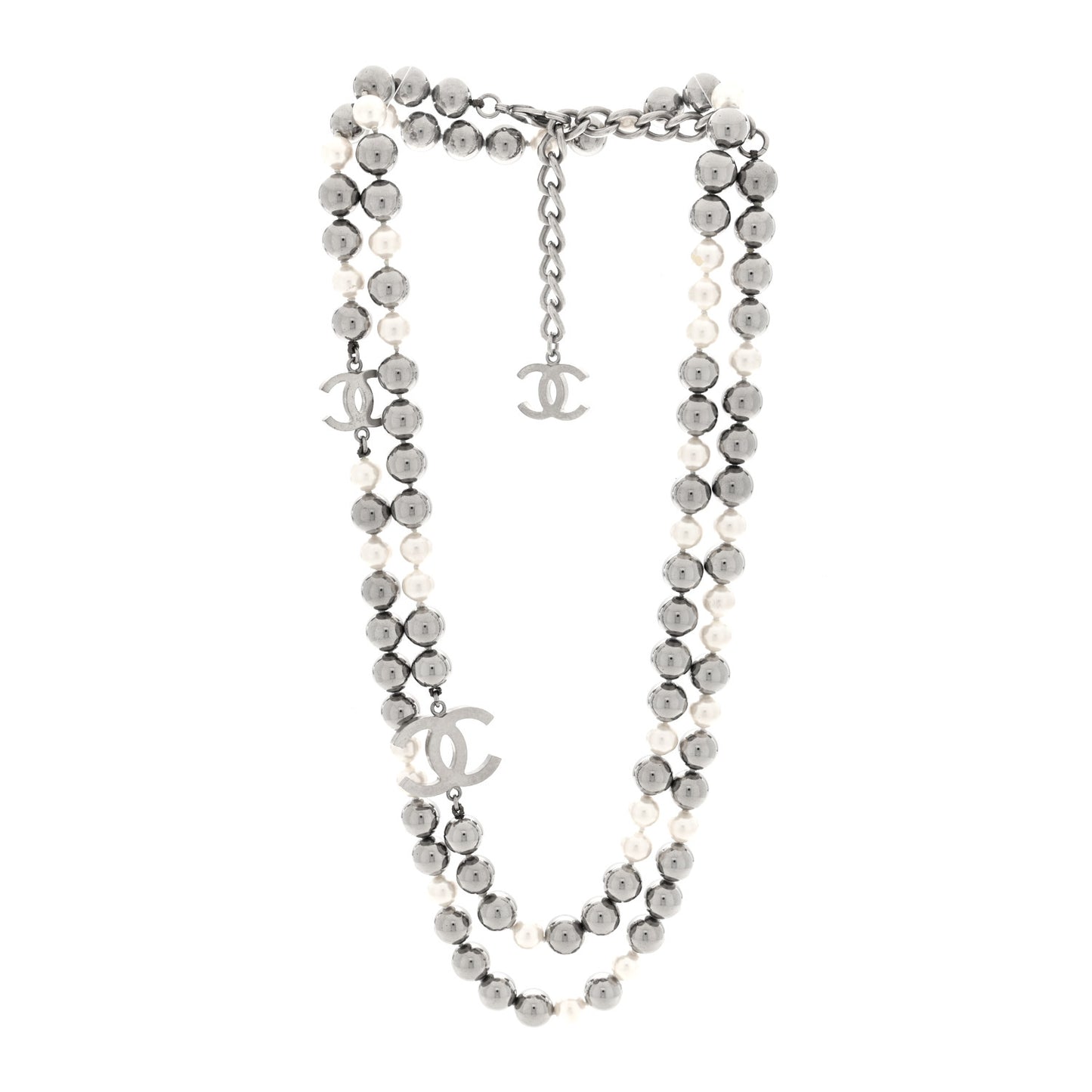 Metal Pearl CC Long Necklace Silver Pearly White Grey