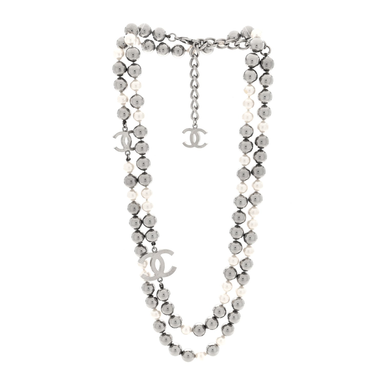 Chanel Metal Pearl CC Long Necklace Silver Pearly White Grey 3 of 4