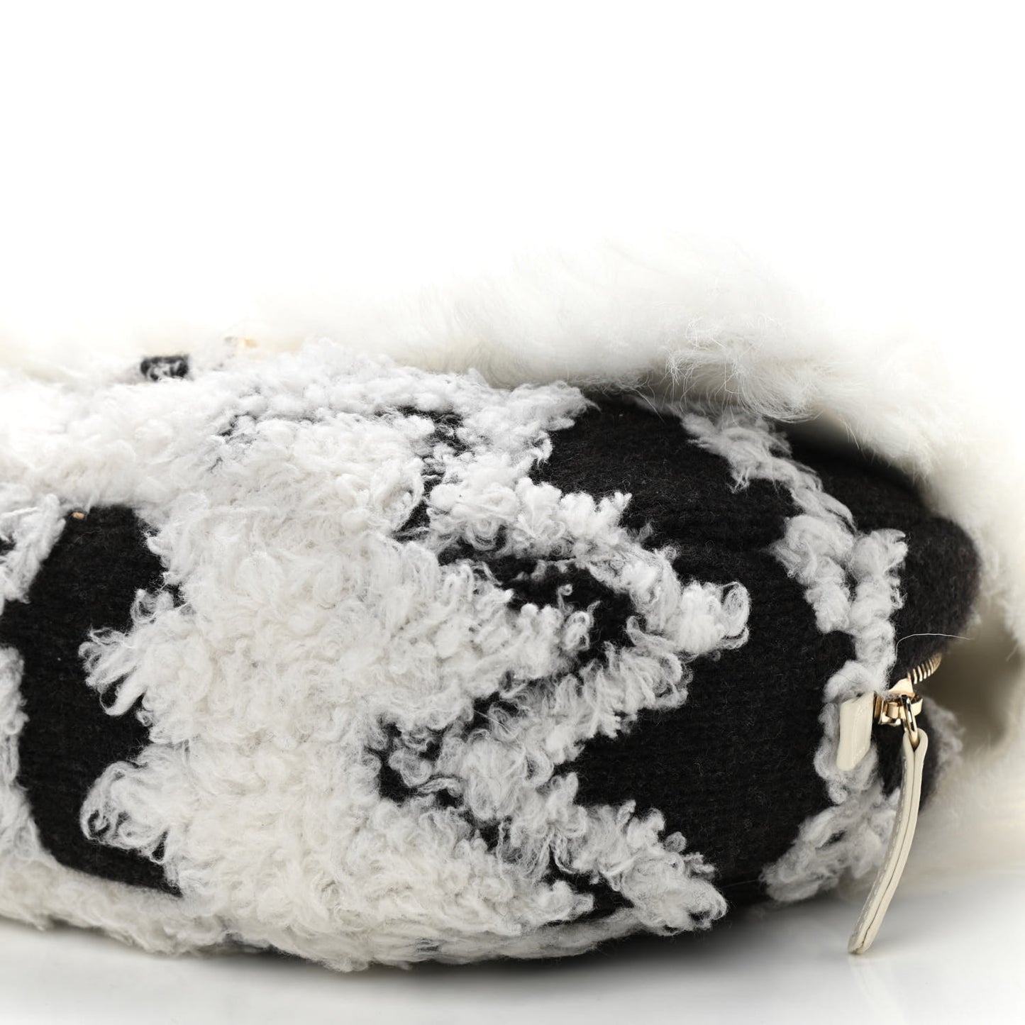 Wool Shearling Sheepskin Zip Around Flap Black Ecru