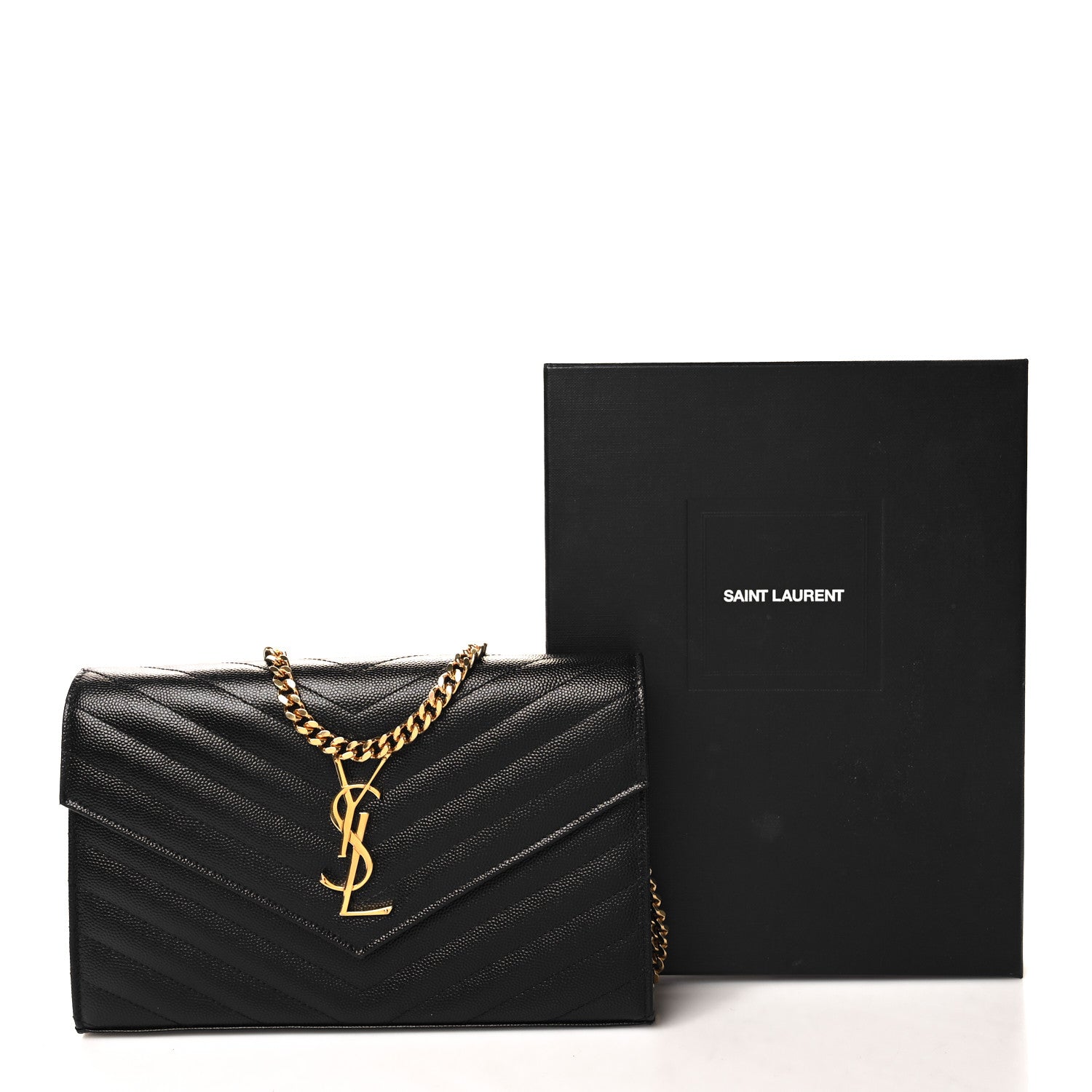 Saint Laurent Grain De Poudre Matelasse Chevron Monogram Chain Wallet Black 10 of 10