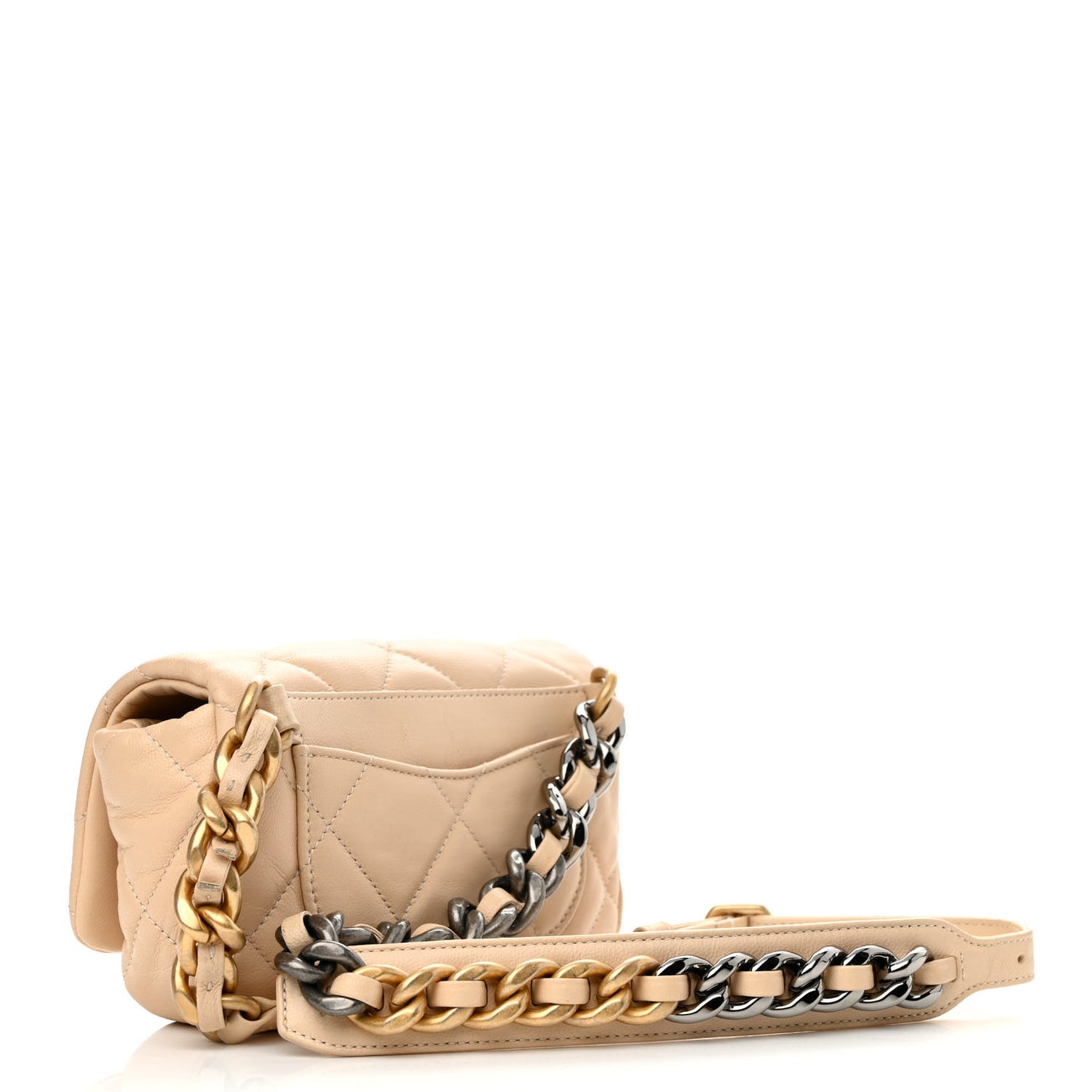 Goatskin Quilted Chanel 19 Waist Bag Dark Beige