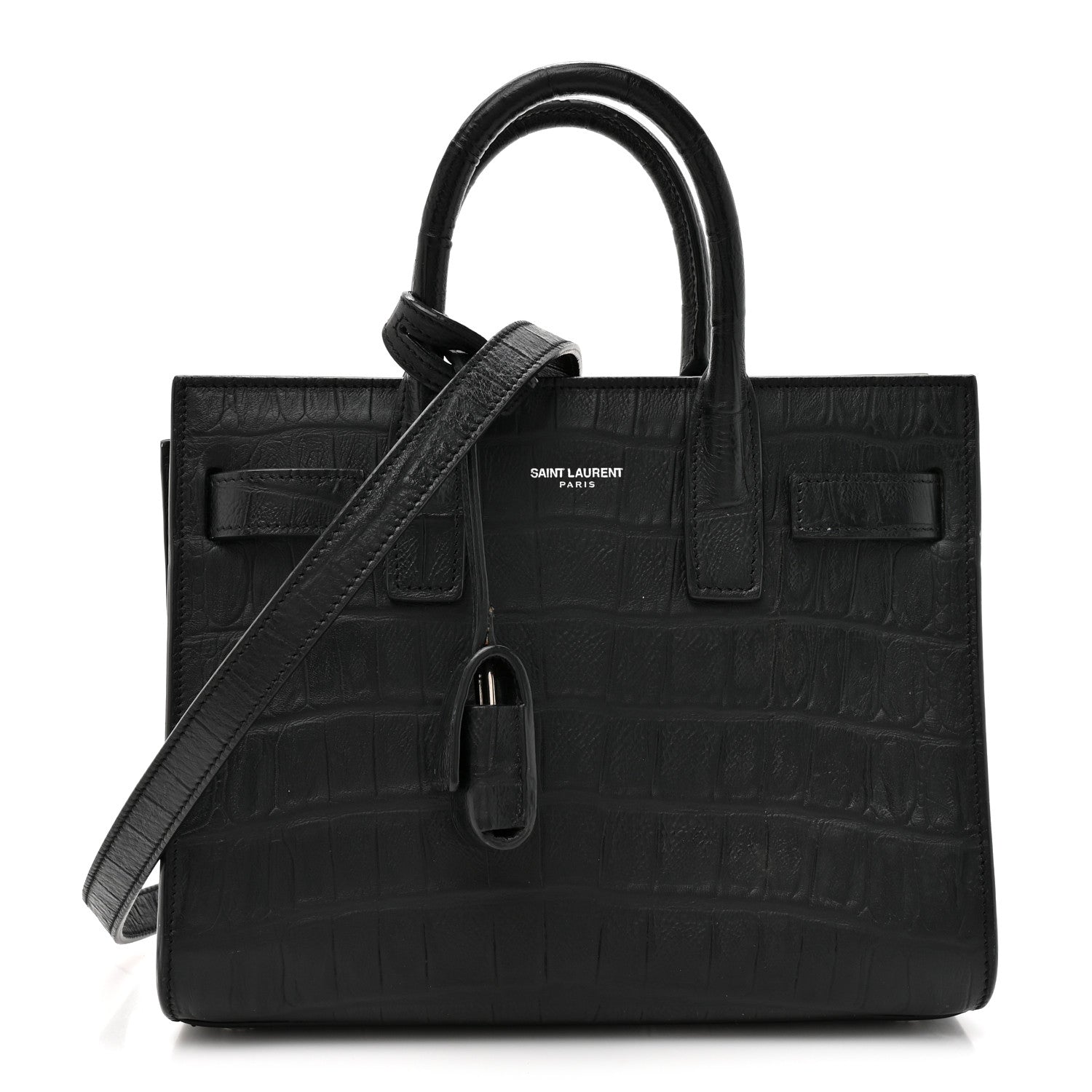 Saint Laurent Calfskin Crocodile Embossed Nano Sac De Jour Black