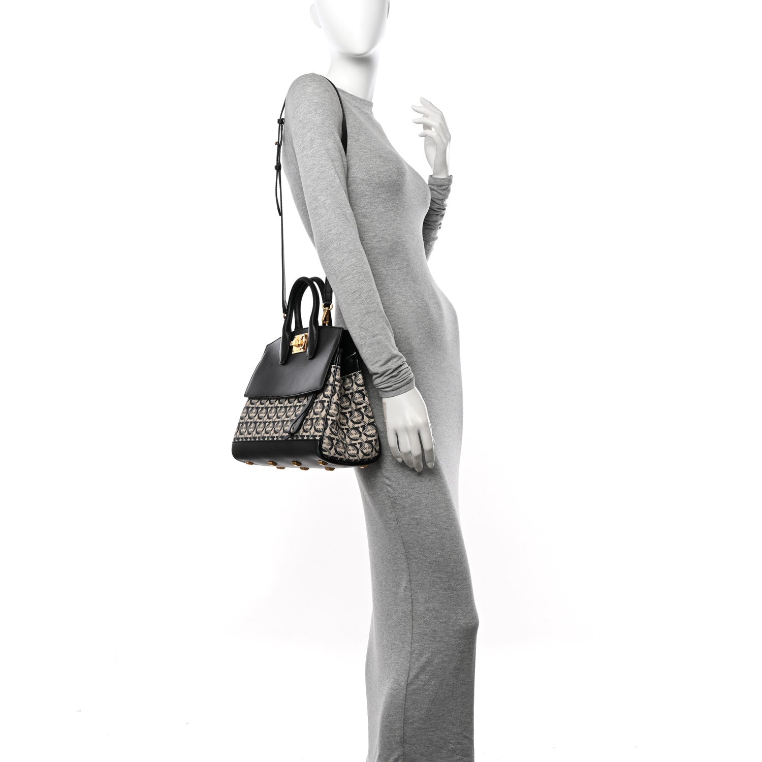 Salvatore Ferragamo Canvas Calfskin Gancini The Studio Bag Black Beige 2 of 11