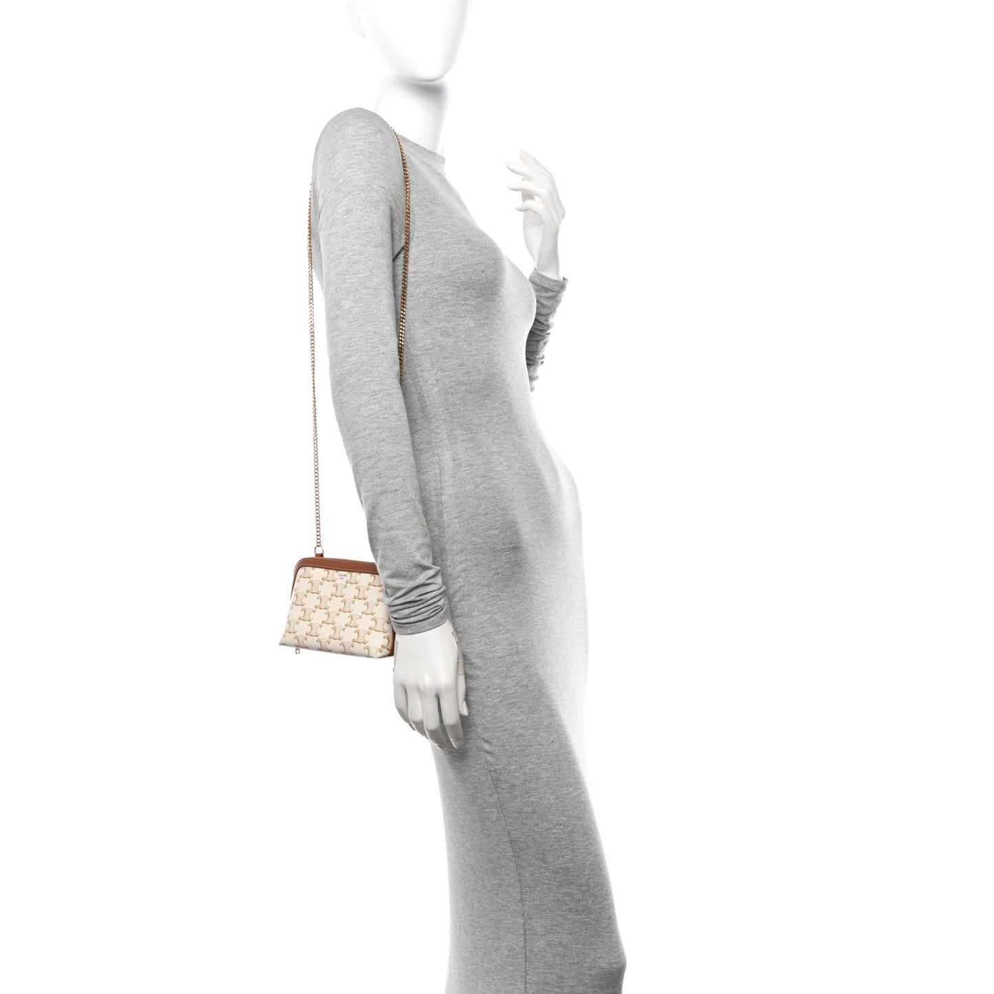 Lambskin Triomphe Canvas Clutch With Chain White Tan