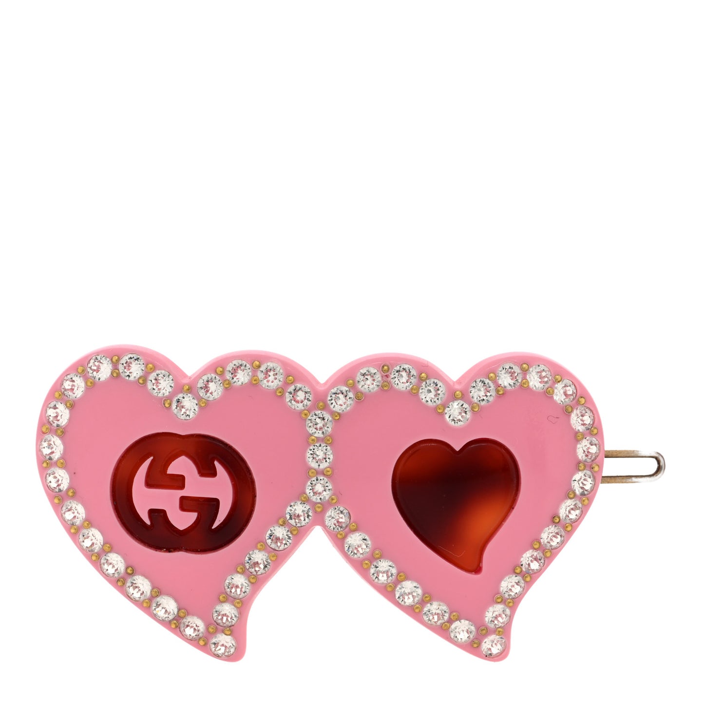 Resin Crystal Embellished GG Double Heart Hair Clip Pink