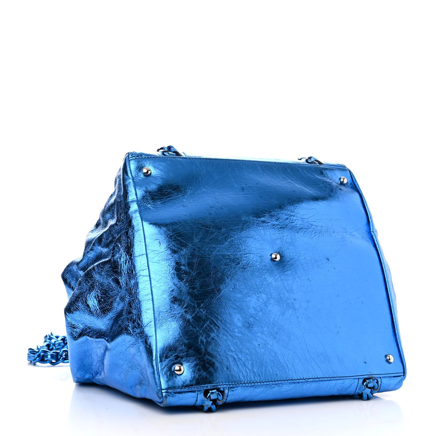 Metallic Cracked Calfskin Modern Chain Tote Blue