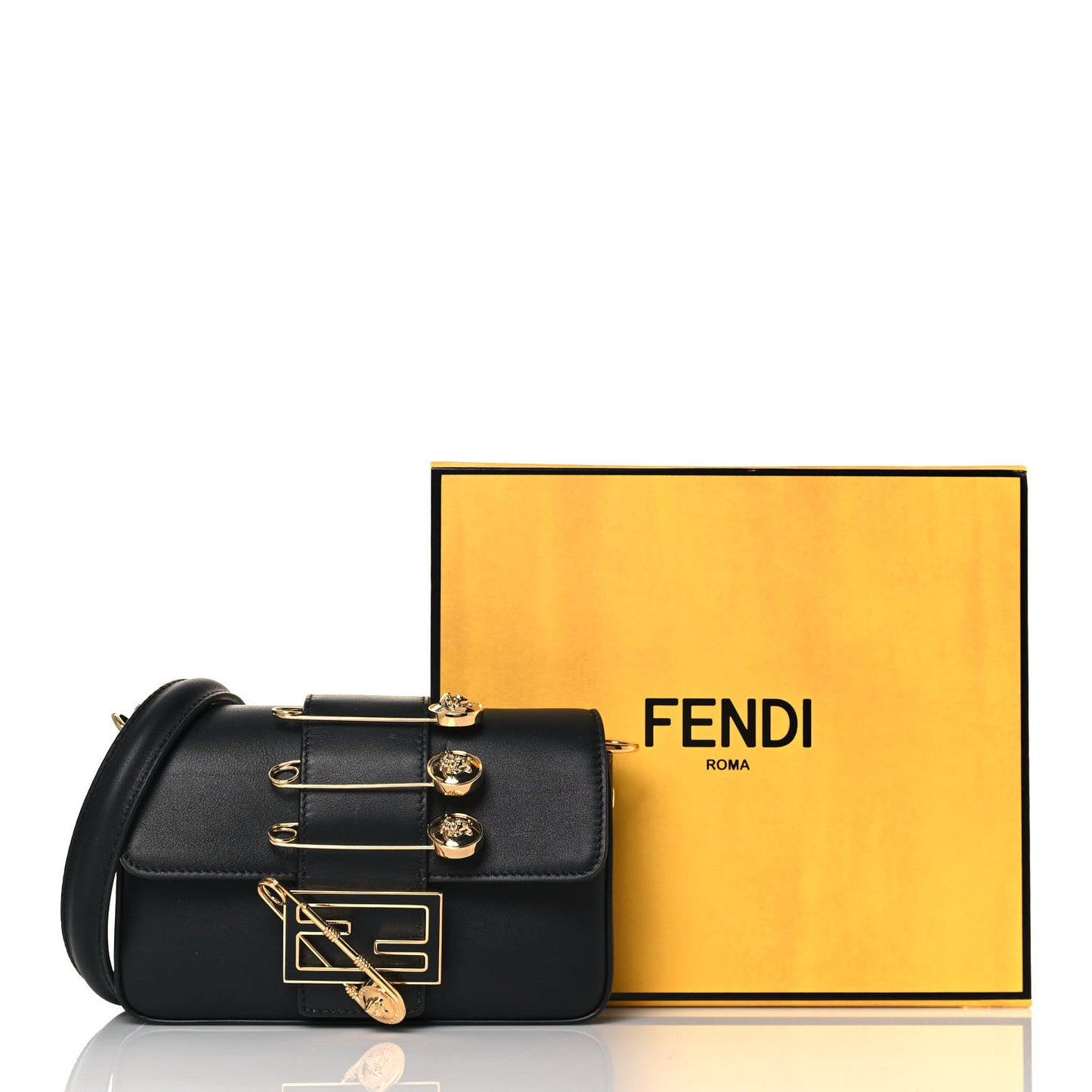 X VERSACE Vitello Seta Fendace Mini Brooch Baguette Black