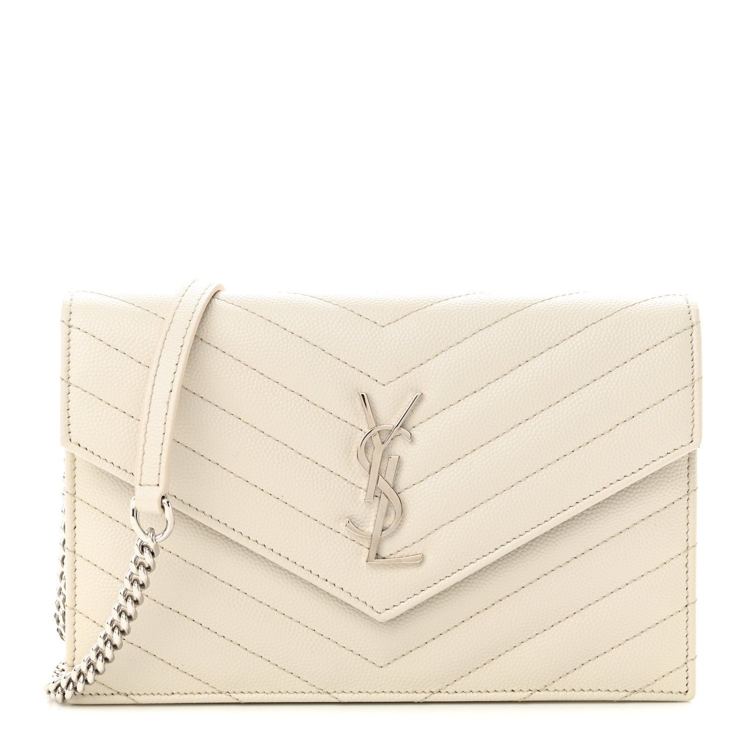 Saint Laurent Grain De Poudre Matelasse Chevron Monogram Envelope Chain Wallet Icy White 1 of 10