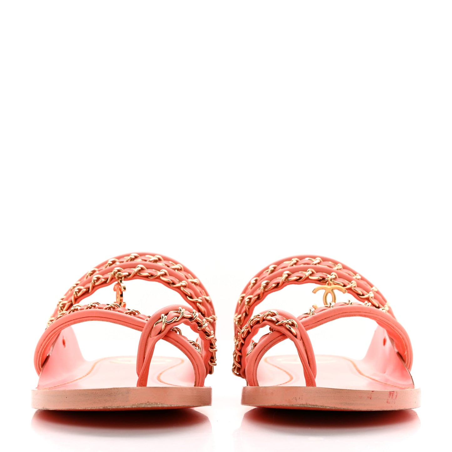Calfskin Chain CC Thong Flat Sandals 38 Coral