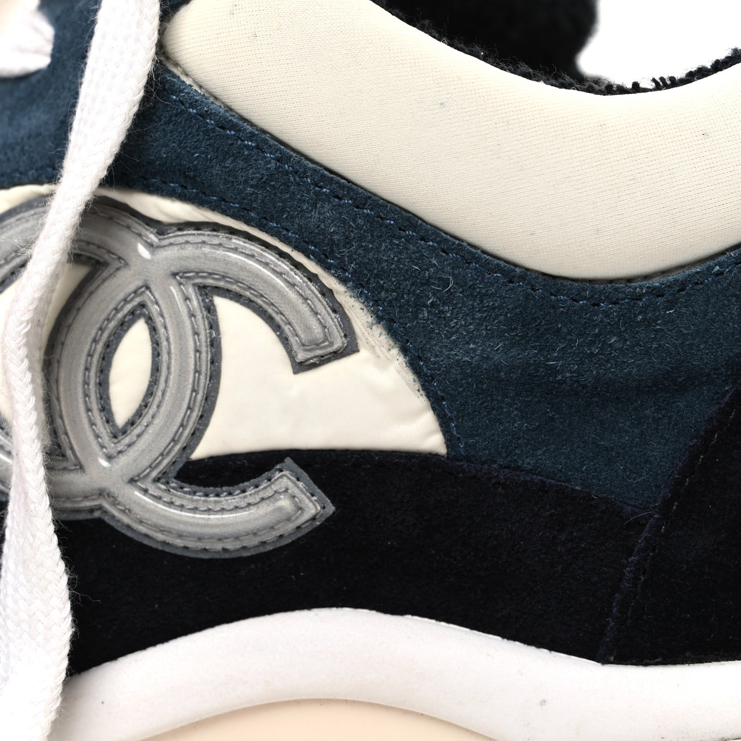 Nylon Calfskin Suede CC Womens Sneakers 38.5 Navy White Orange