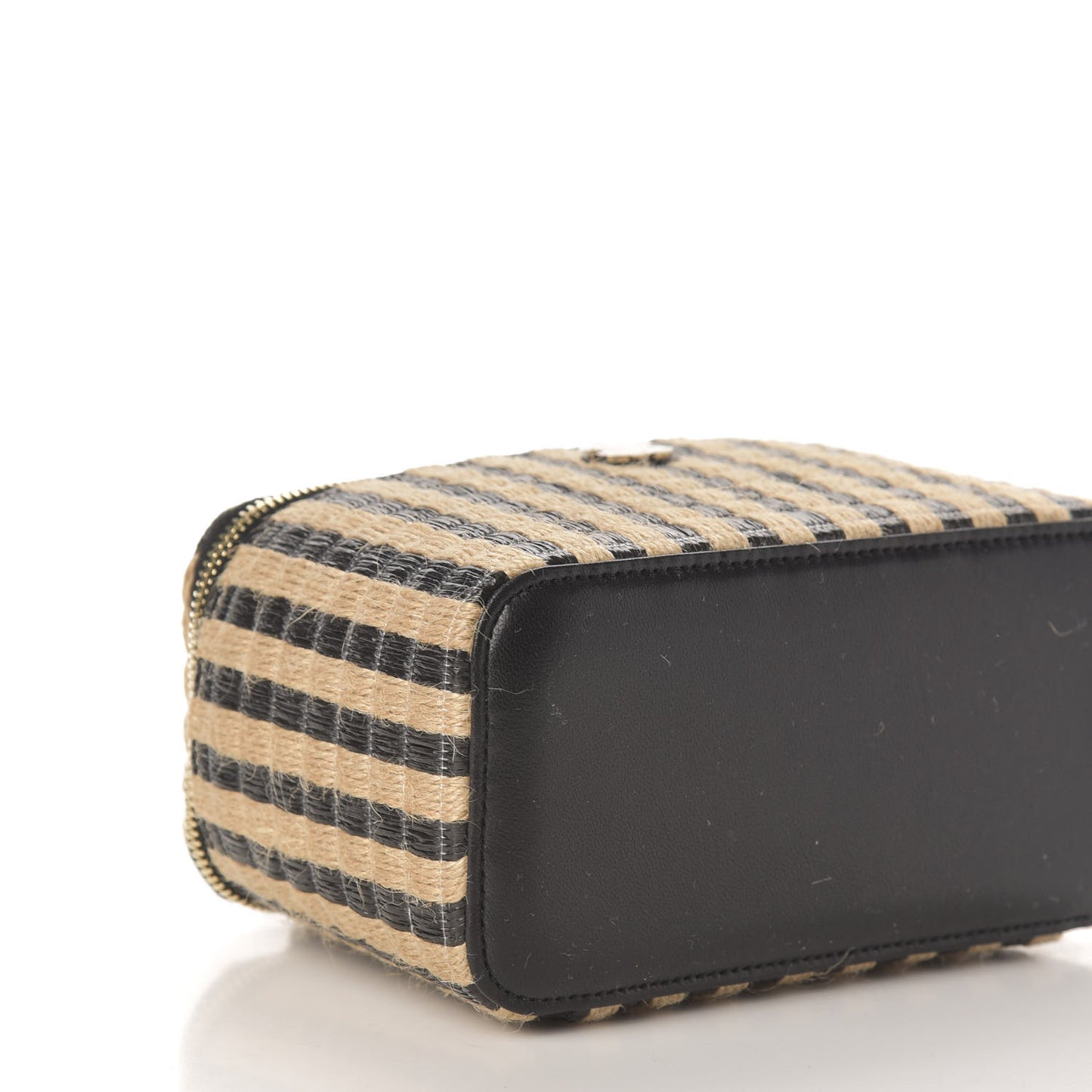 Raffia Jute Striped Small Vanity Case With Chain Black Beige