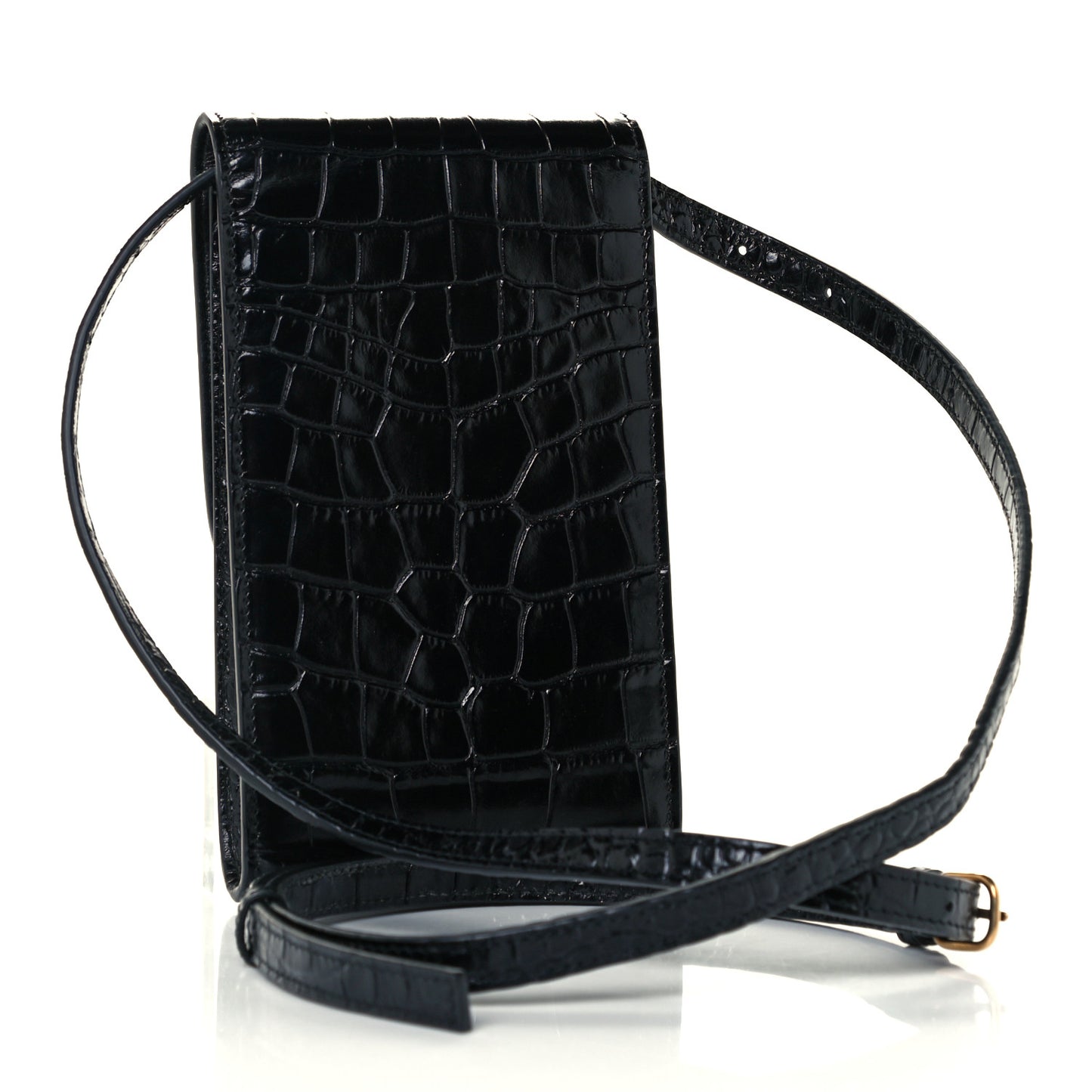 Shiny Calfskin Crocodile Embossed B Phone Holder Black