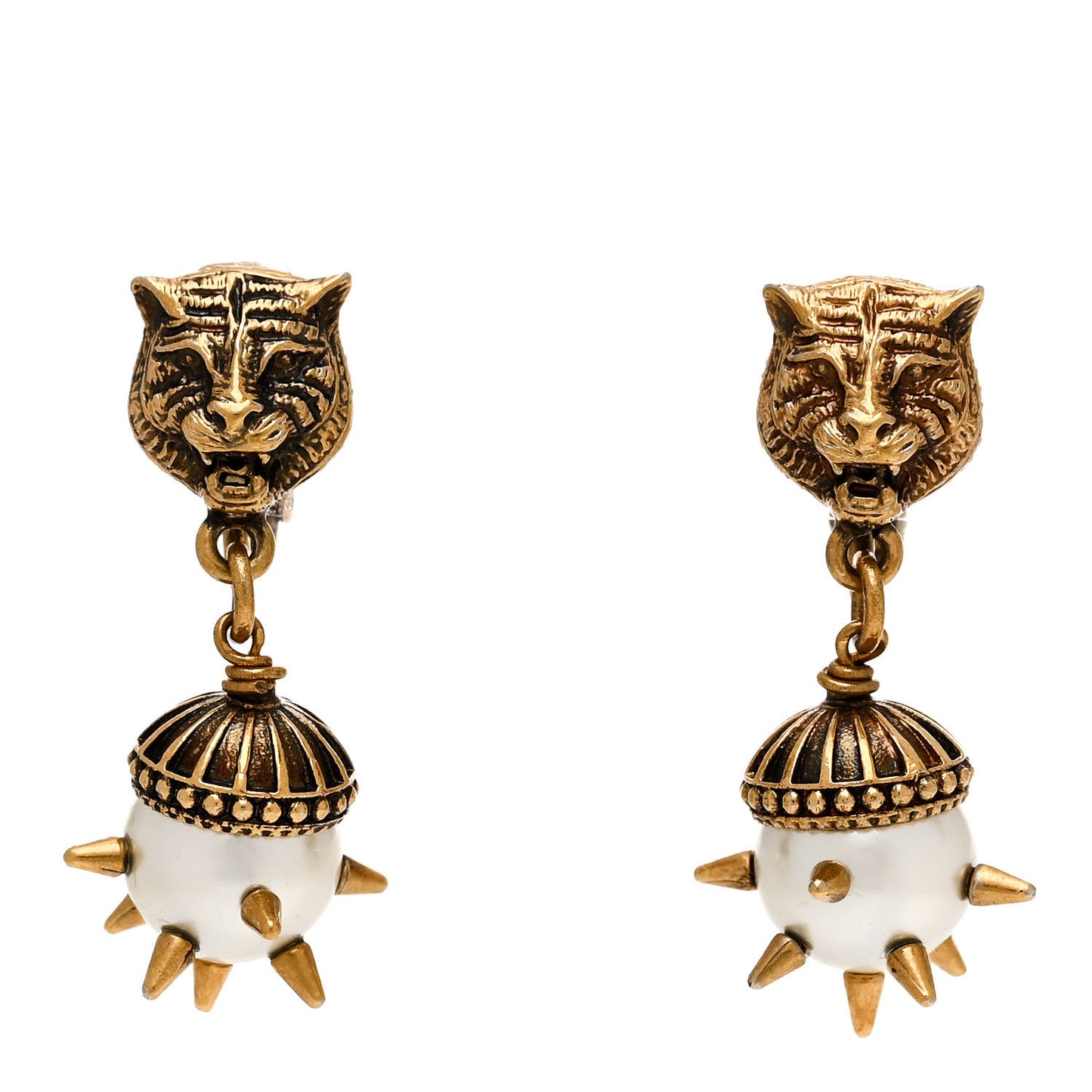 Metal Pearl Spike Feline Earrings Gold