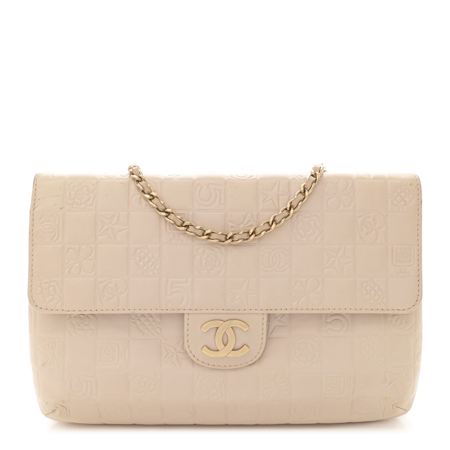 Lambskin Precious Symbols Double Flap Clutch On Chain Beige