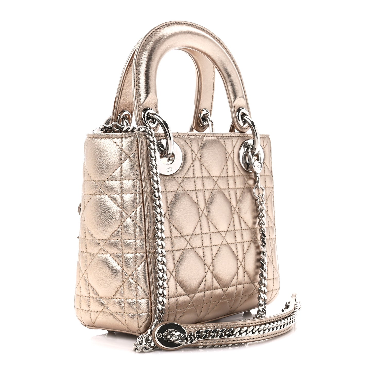 Metallic Lambskin Cannage Mini Lady Dior Gold