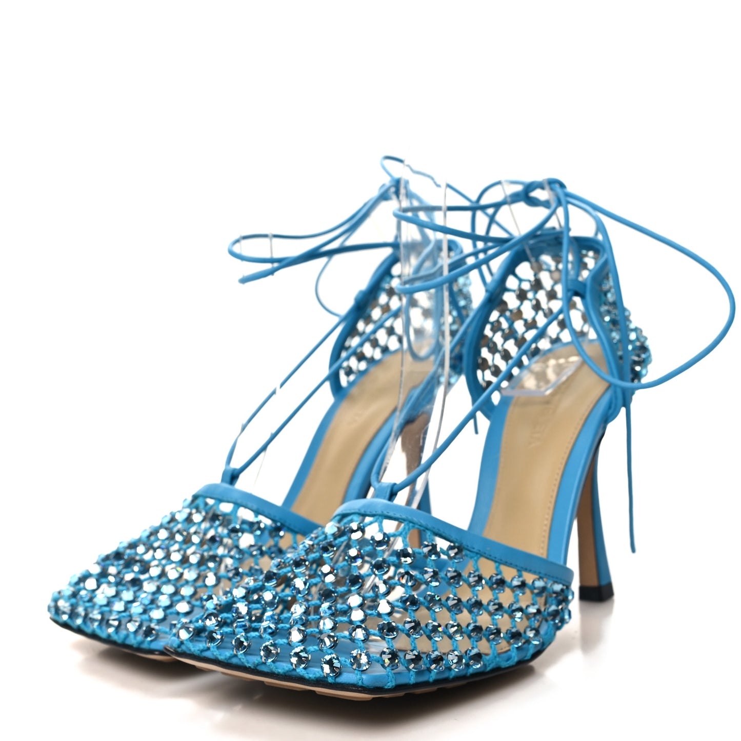 Mesh Nappa Crystal Embellished Sparkle Stretch Ankle Tie 90mm Sandals 38 Pool
