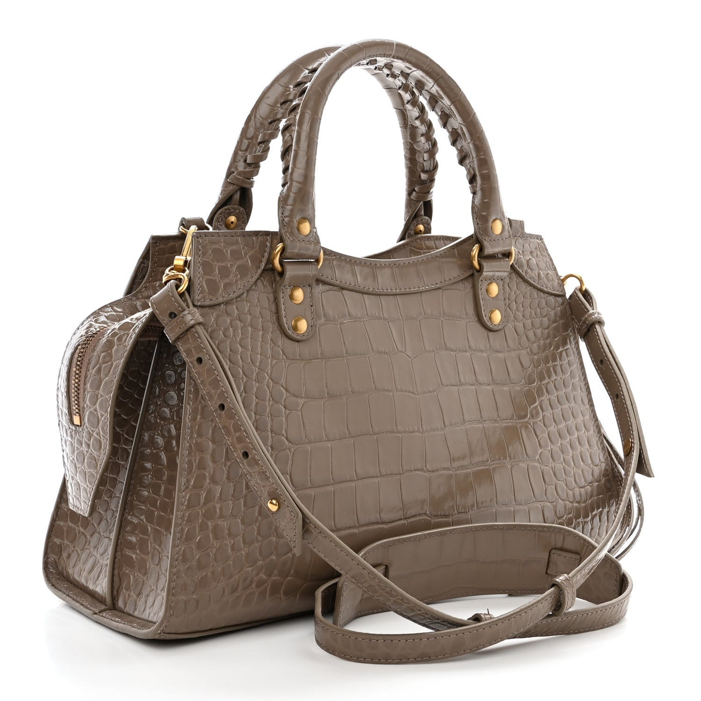 Shiny Supple Calfskin Crocodile Embossed Neo Classic Gold Hardware S City Mink Grey