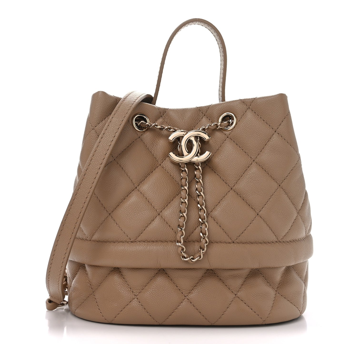 Caviar Quilted Rolled Up Bucket Drawstring Bag Beige