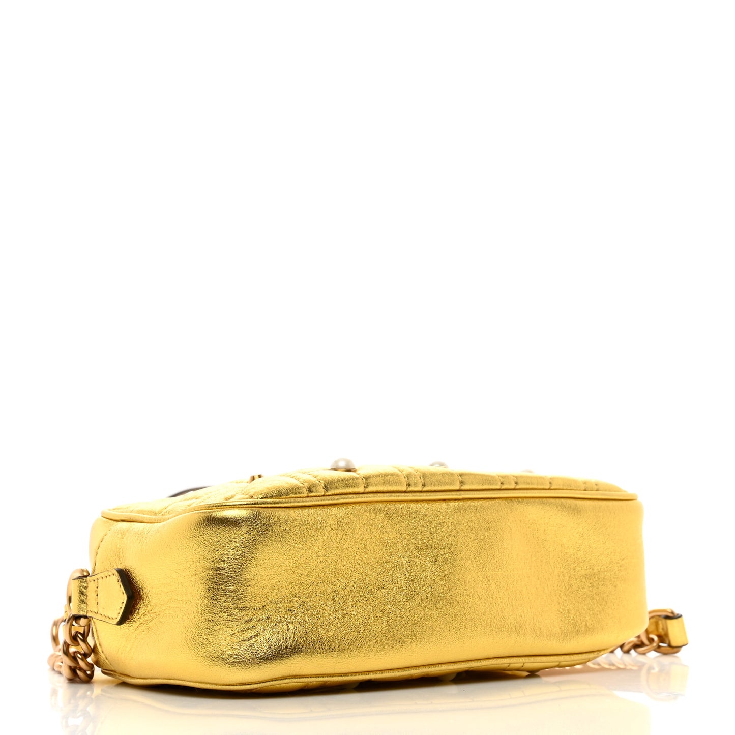 Metallic Calfskin Matelasse Studded Small Pearly GG Marmont Chain Shoulder Bag Gold