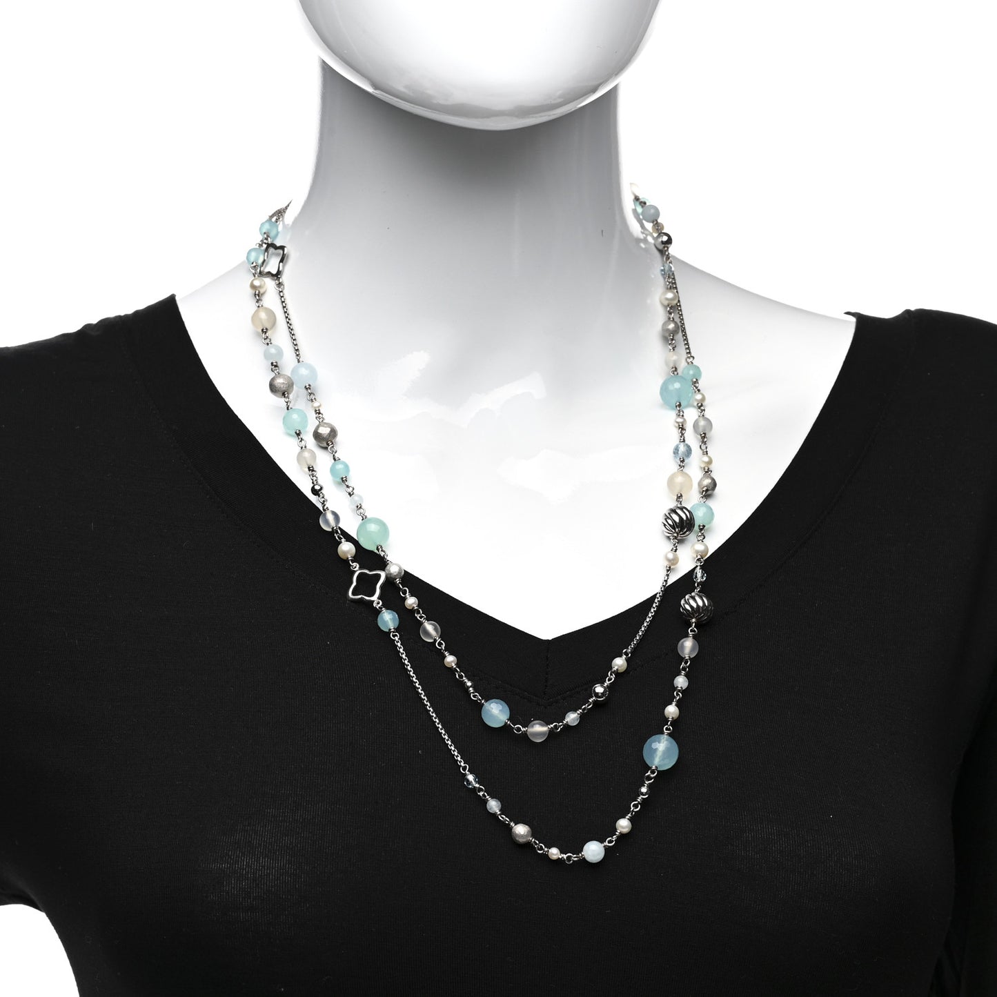 Sterling Silver Aquamarine Pearl Blue Topaz Chalcedony Moon Quartz 14mm Quatrefoil Necklace