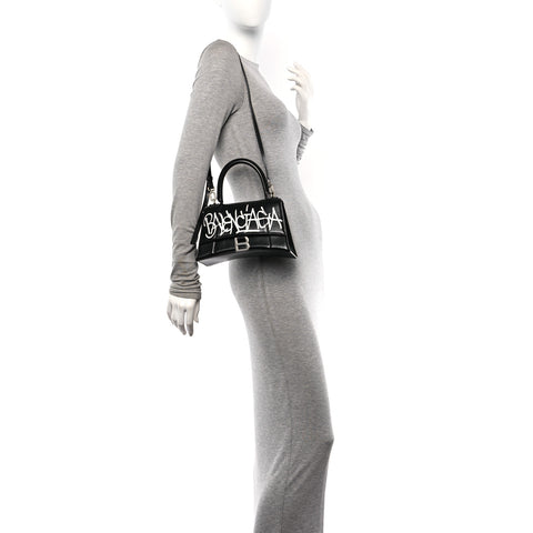 Box Calfskin Graffiti Logo Hourglass Top Handle Bag XS Black Silver