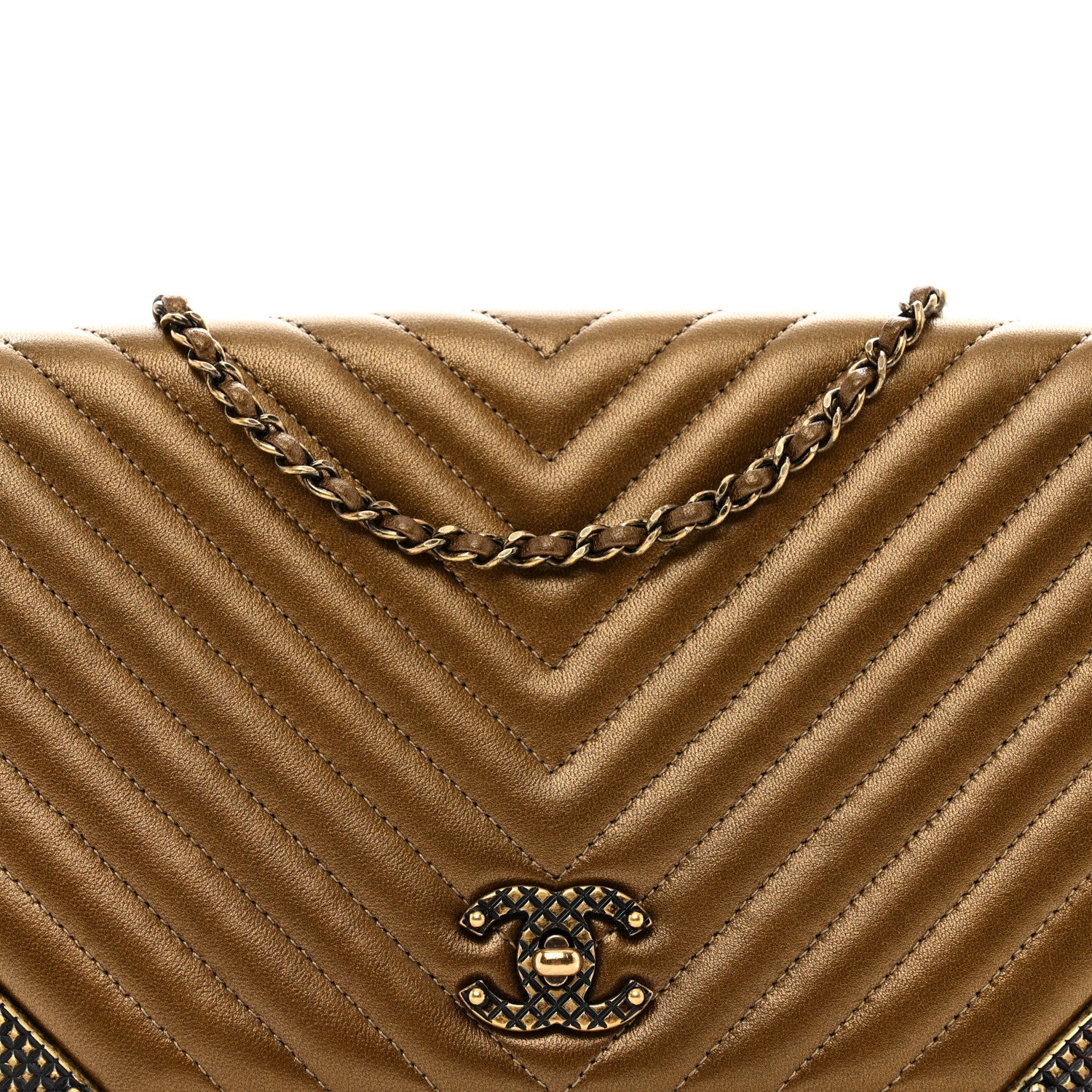 Chanel Metallic Lambskin Chevron Quilted Rock The Corner Clutch With Chain Bronze 5 of 10