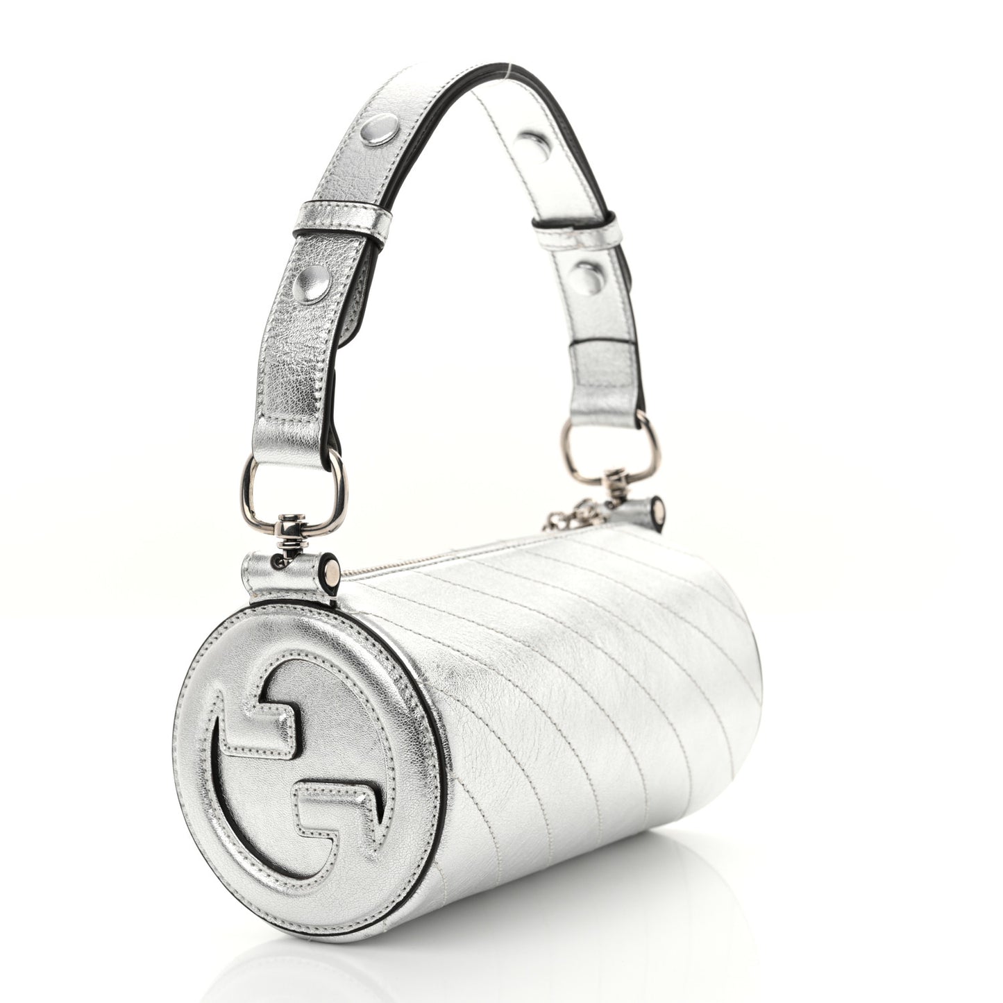 Sakai Be Green Calfskin Diagonal Stitched Mini Blondie Barrel Shoulder Bag Silver