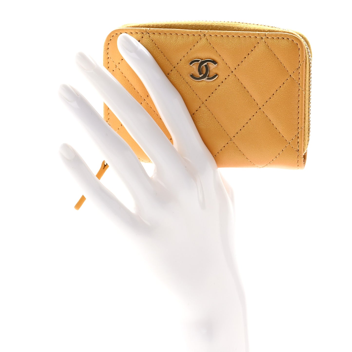 Metallic Lambskin Quilted Zip Around Coin Purse Wallet Yellow