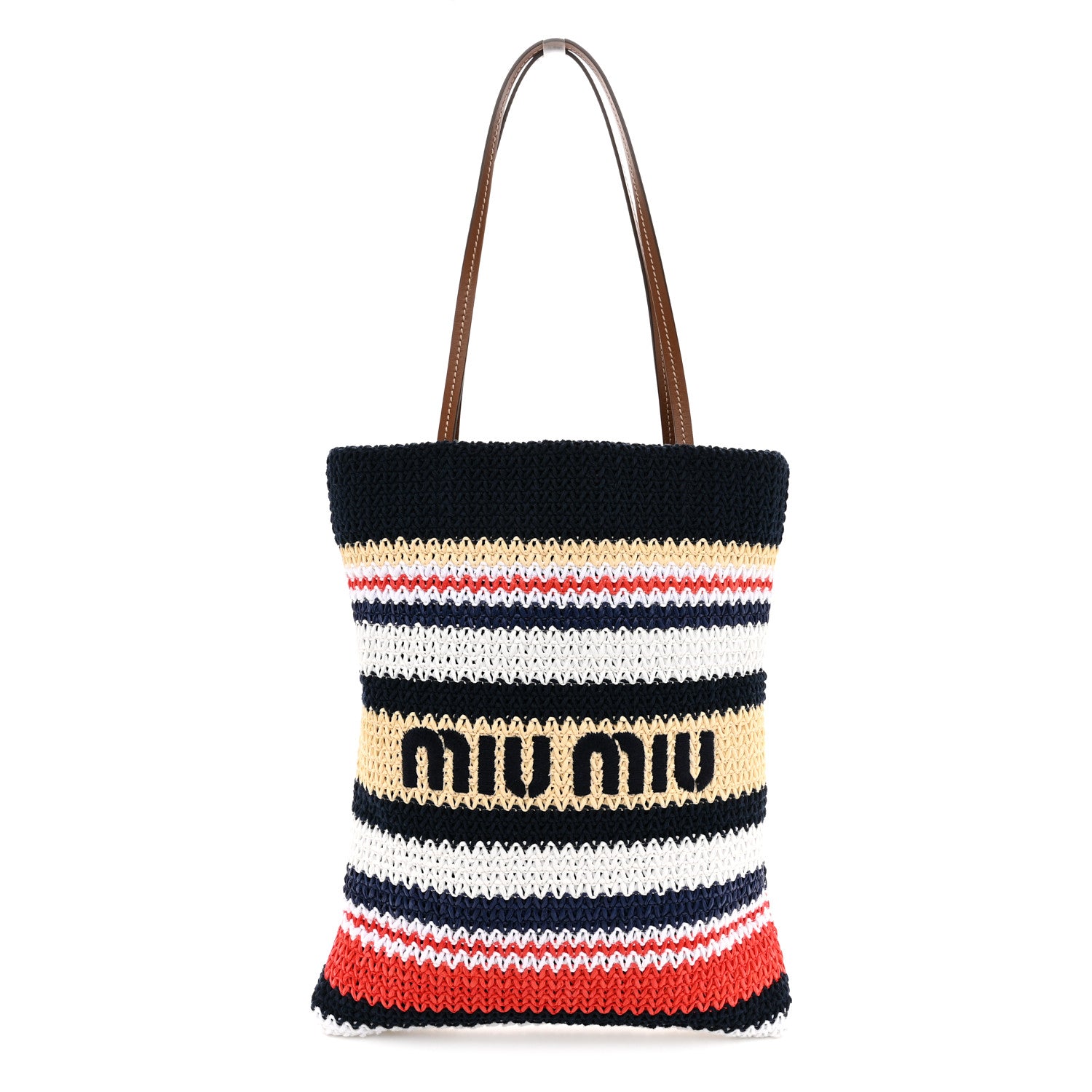 miuページ Miu Miu Raffia Crochet Stripe Vertical Tote Bag Blue Red Natural