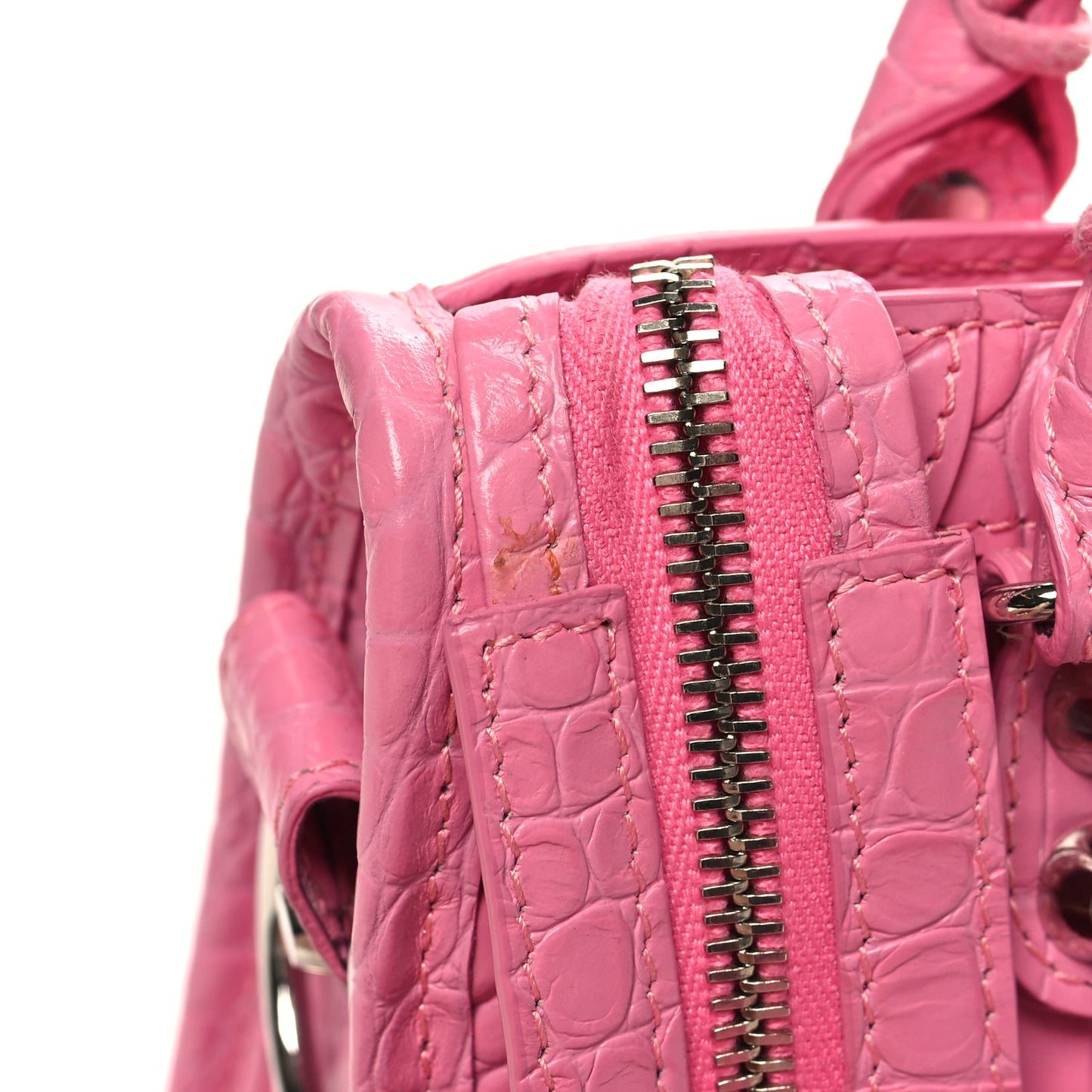 Shiny Supple Calfskin Crocodile Embossed Classic Silver Hardware Mini City Baby Pink