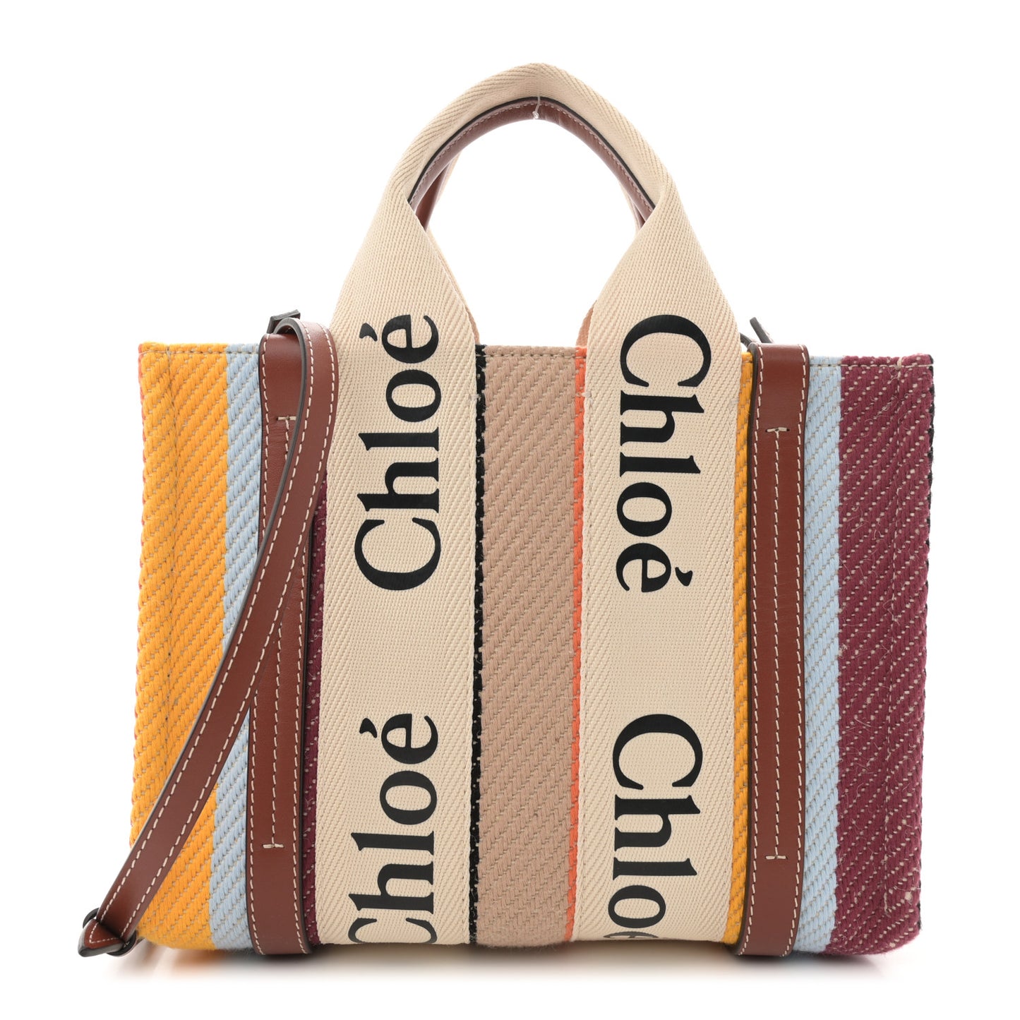 Cotton Calfskin Small Woody Striped Ribbon Tote Multicolor