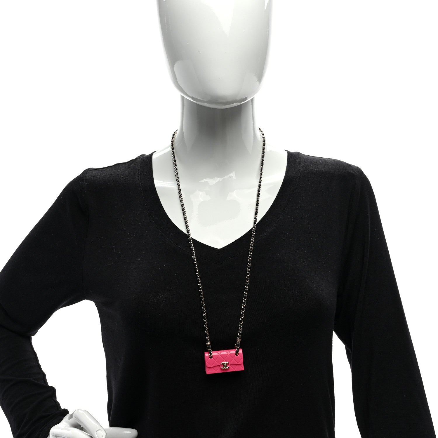 Chanel Metal Resin Lambskin Flap Bag Long Necklace Golden Pink Black 2 of 5