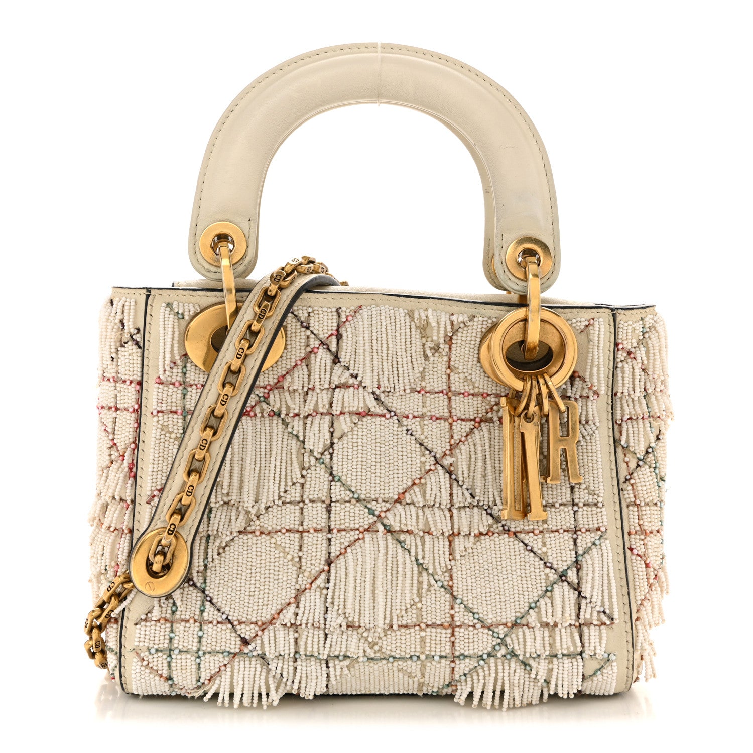 Christian Dior Lambskin Beaded Fringe Mini Lady Dior White 1797862