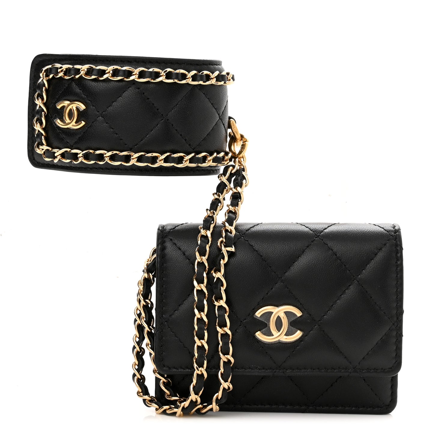 Lambskin Quilted Flap Card Holder With Cuff Black