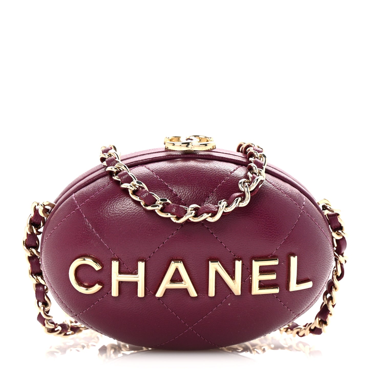 Lambskin Quilted Oval Minaudiere Chain Clutch Purple