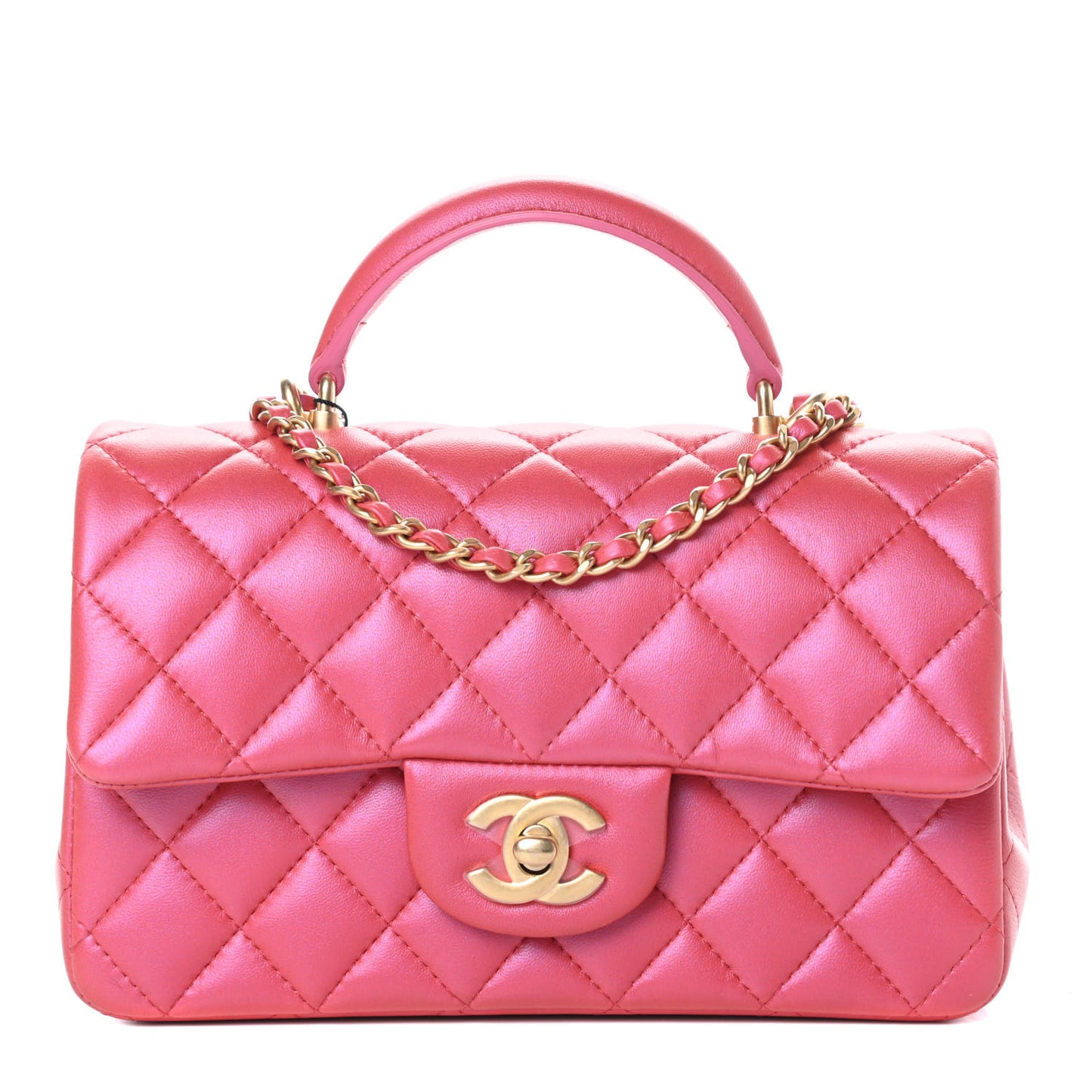 Iridescent Lambskin Quilted Mini Top Handle Rectangular Flap Red