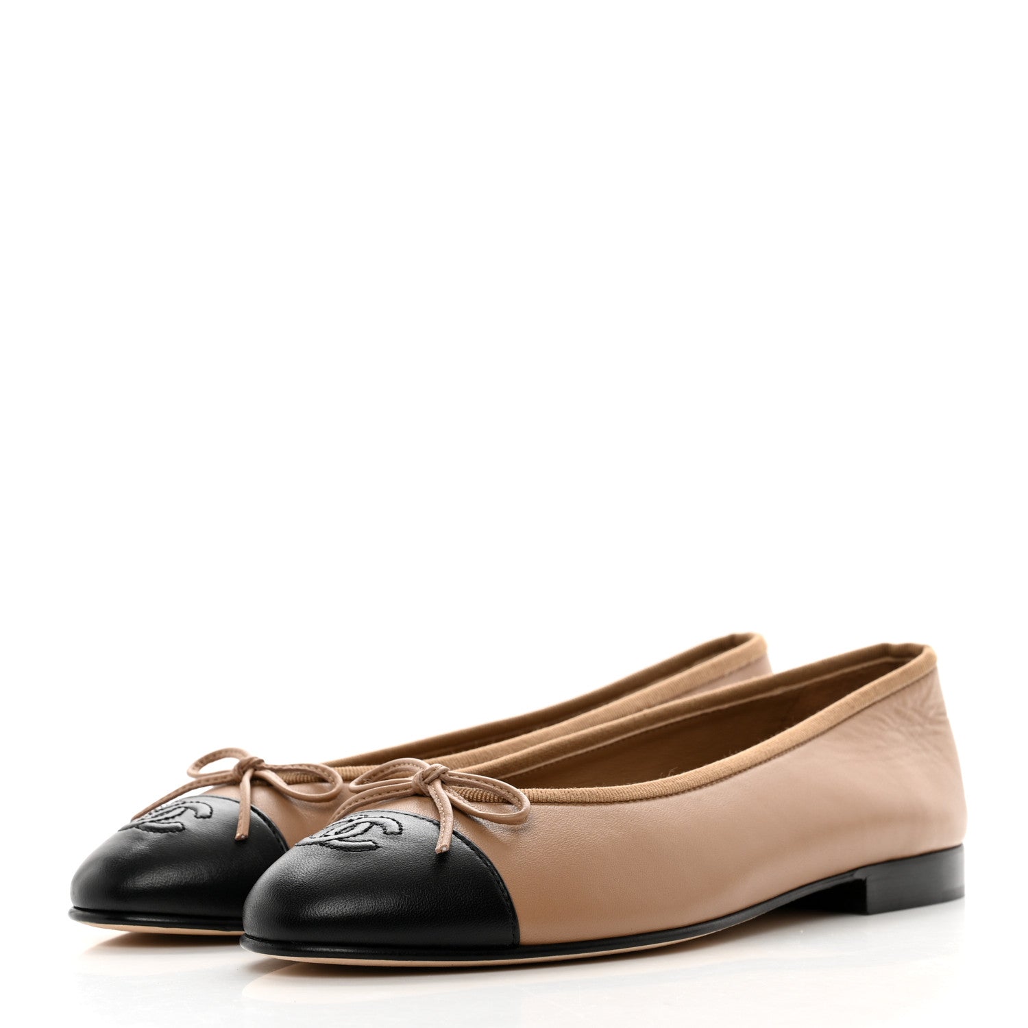 Chanel Lambskin Cap Toe CC Ballerina Flats 38 Beige Black 3 of 9