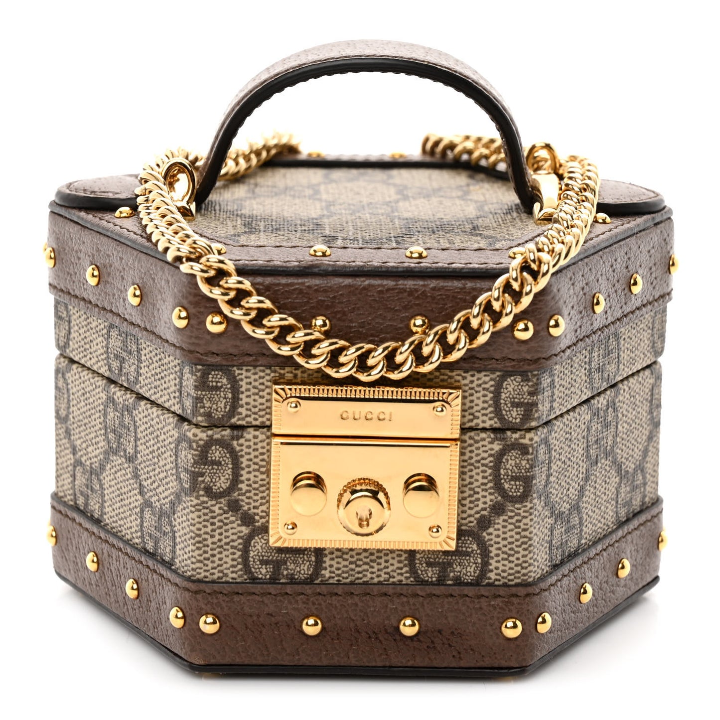 GG Supreme Monogram Textured Dollar Calfskin Studded Mini Padlock Hexagon Top Handle Case Beige Ebony New Acero
