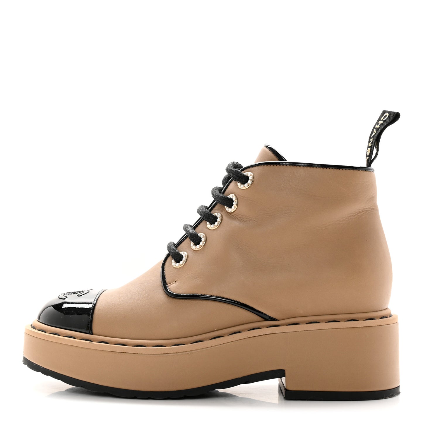 Calfskin Lace Up CC Short Boots 35.5 Beige Black