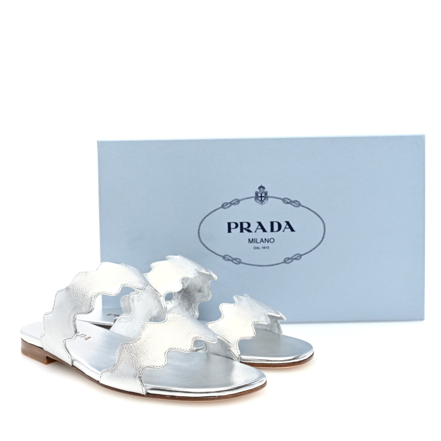 Metallic Goatskin Scalloped Slide Sandals 36 Argento