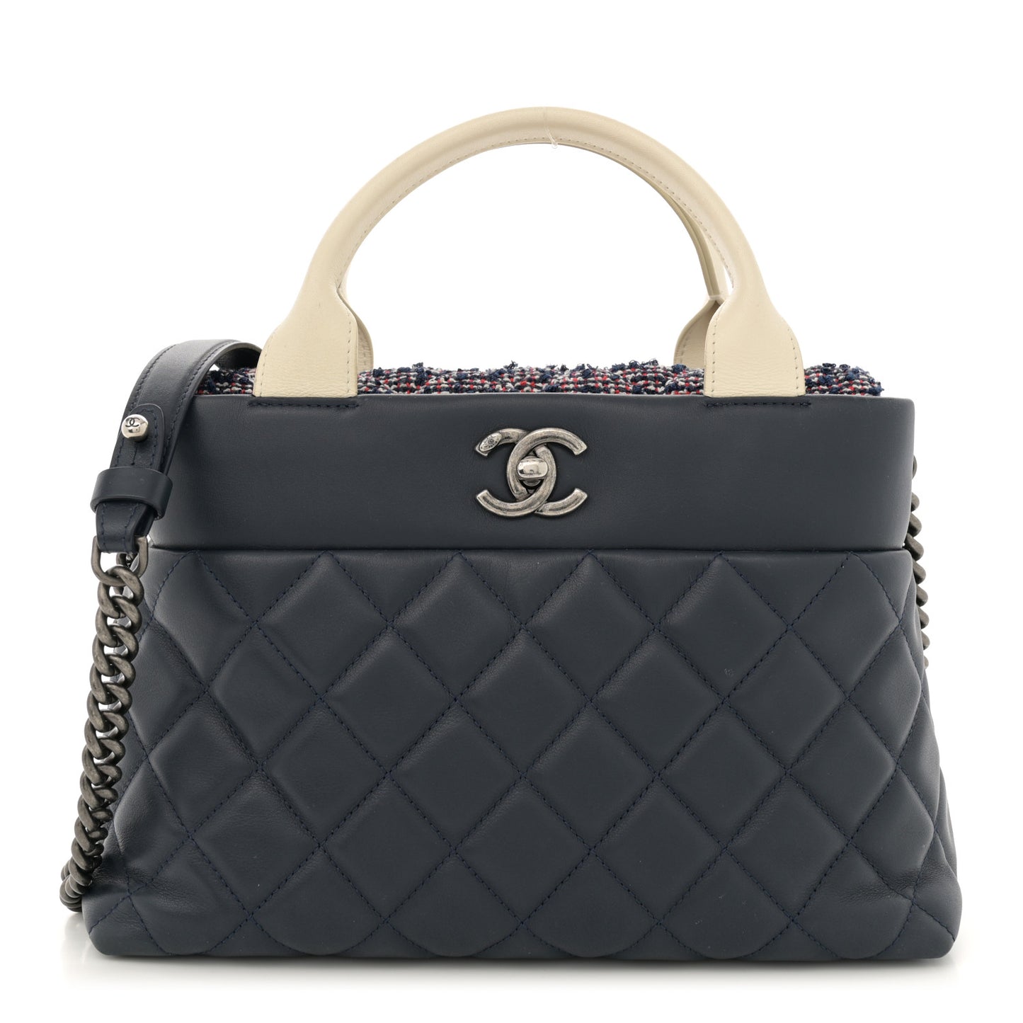 Calfskin Tweed Quilted Small Tote Navy Multicolor