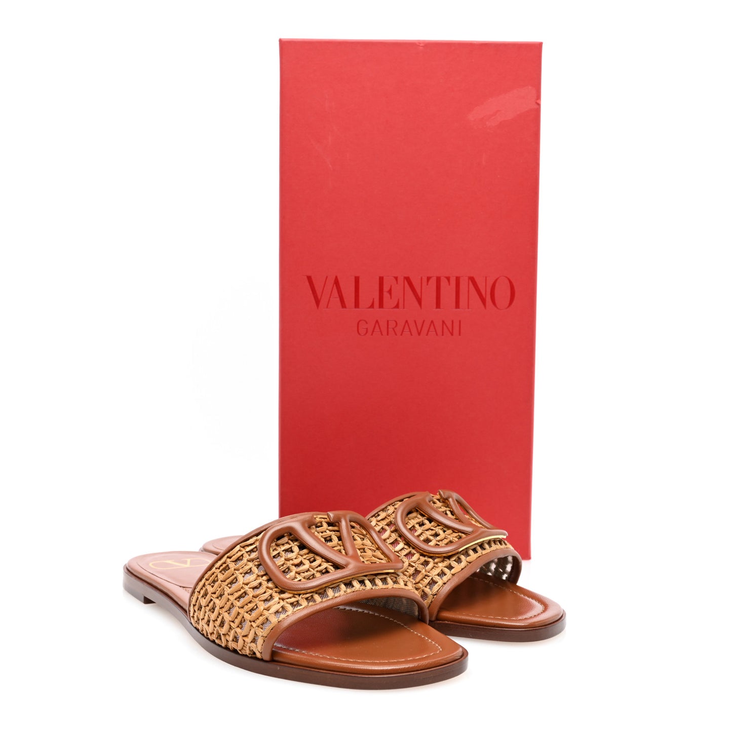 Raffia Vlogo Flat Slide Sandals 36 Tan