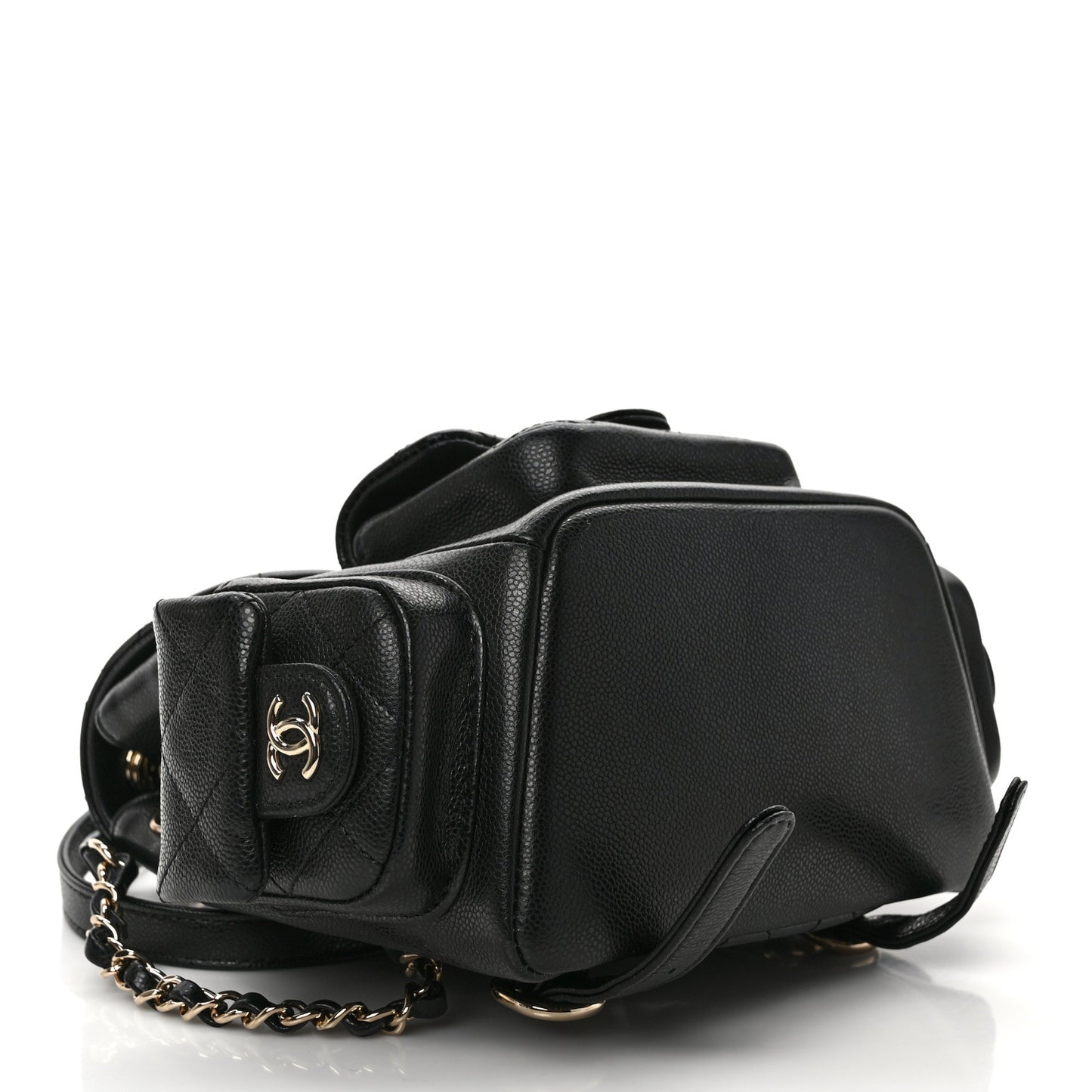 Shiny Caviar Quilted Small Pockets Drawstring Backpack Black
