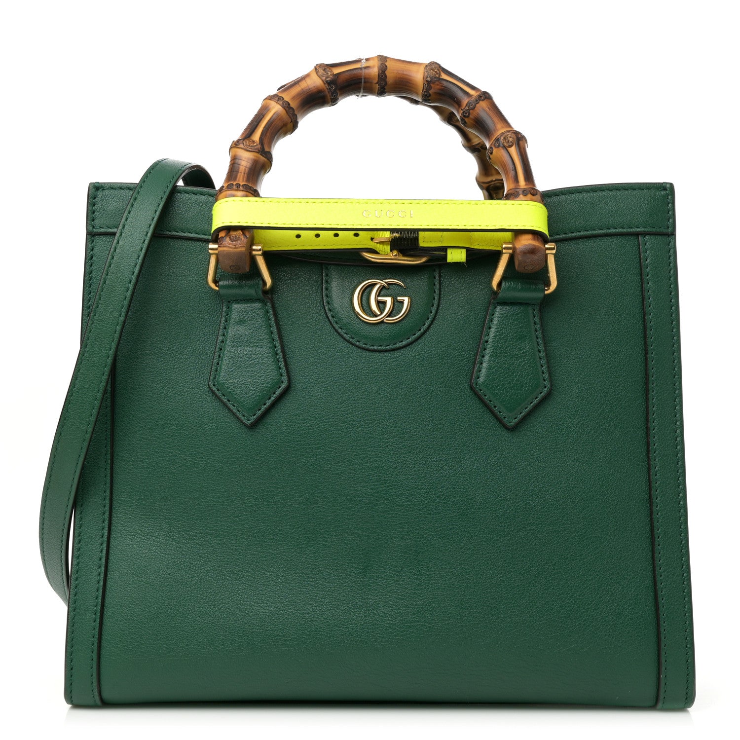 【希少】GUCCI バンブー エナメル ボディーバッグ ロゴ型押し 緑OLD Gucci Wonka Grain Calfskin Small Diana Tote Bag Green Yellow Fluo