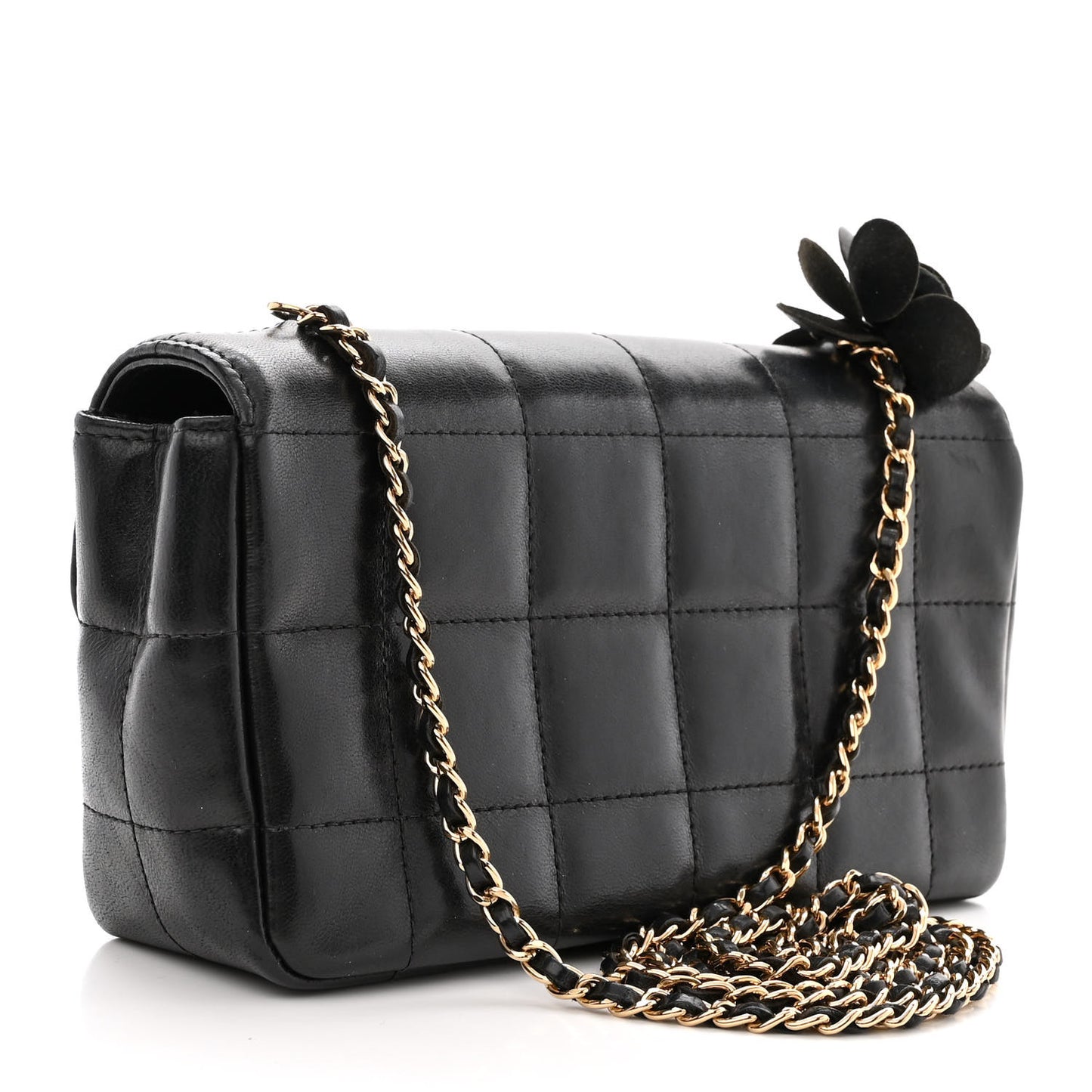 Lambskin Quilted Mini Chocolate Bar Camellia Flap Black
